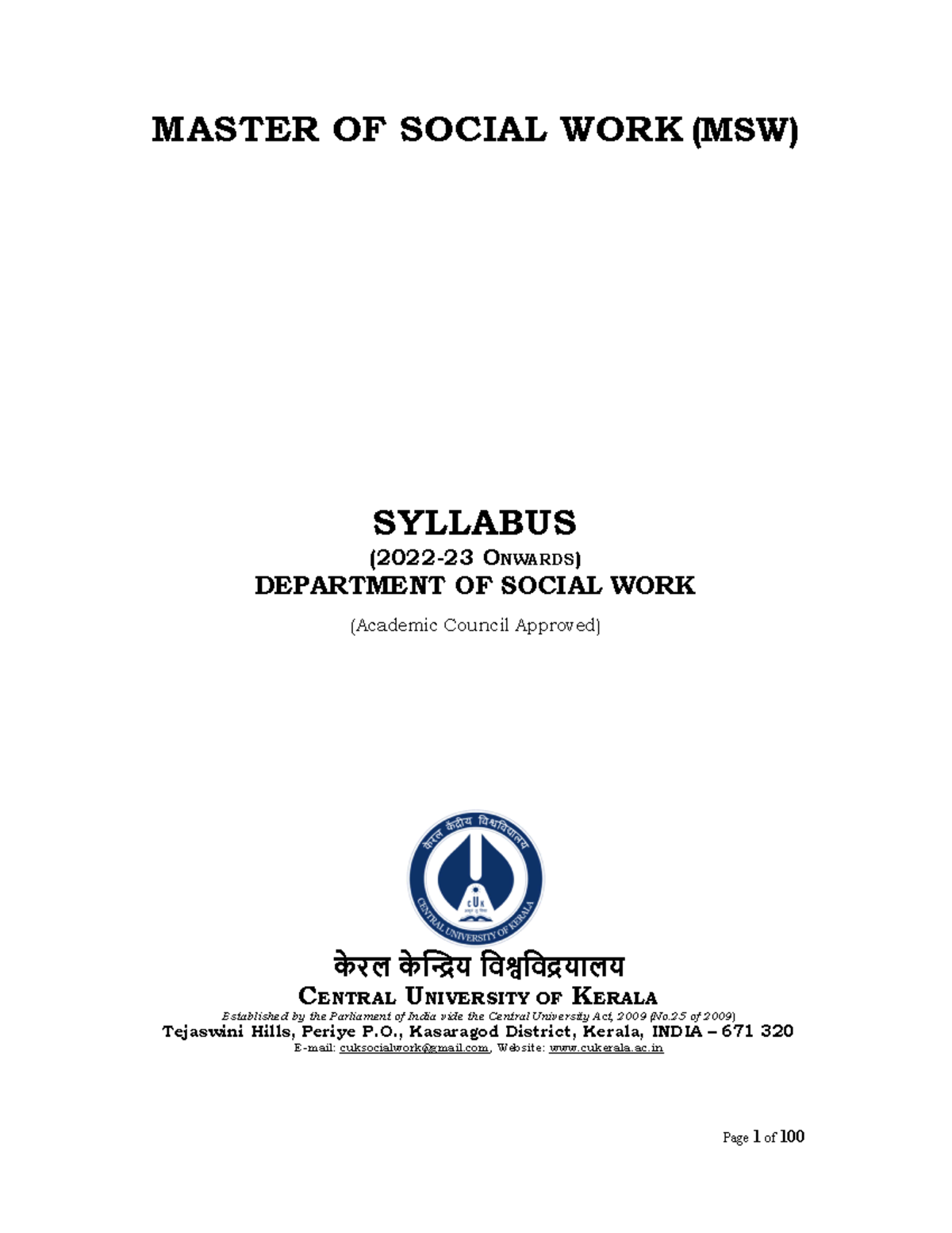 MSW Syllabus - 2022-23 onwards - MASTER OF SOCIAL WORK (MSW) SYLLABUS ...