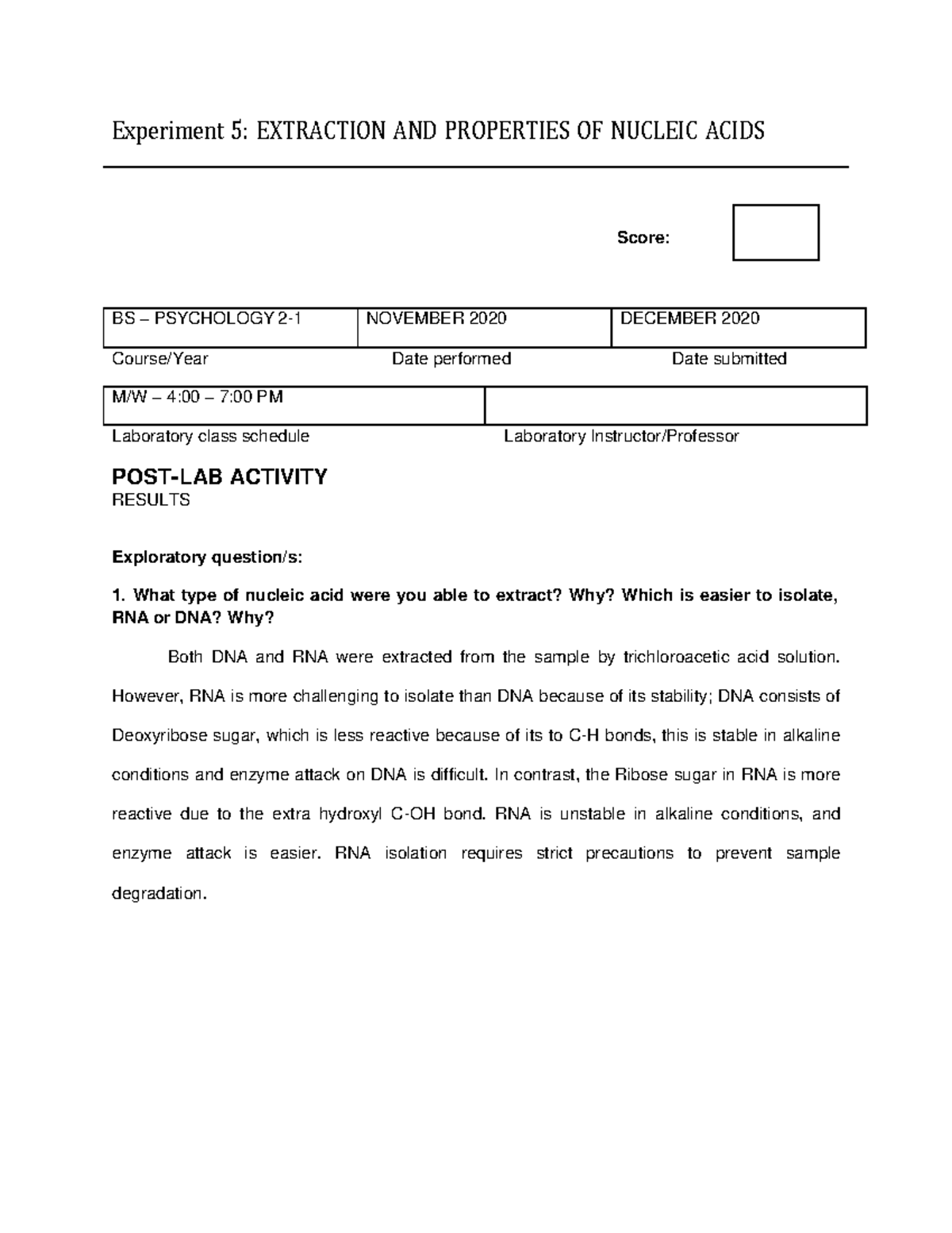 Nucleic Acids PostLabActivityGroup Experiment 5 EXTRACTION AND