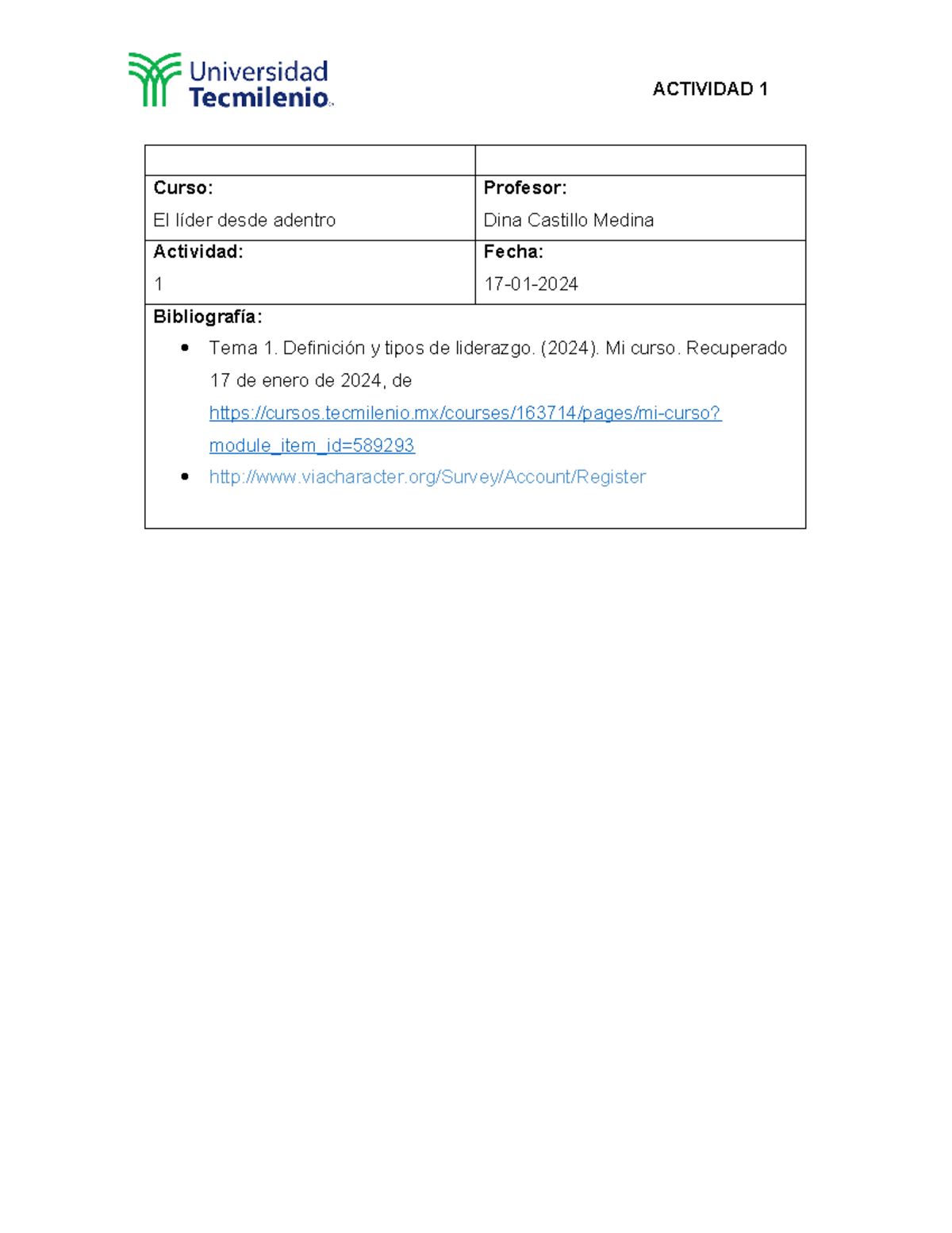 Actividad 1 LDA - Curso: El líder desde adentro Profesor: Dina Castillo ...