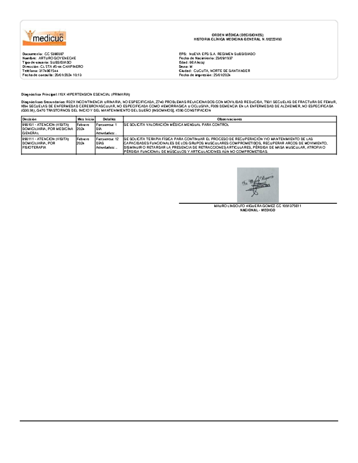 Historia Clínica 222493 Decisiones Arturo Goyeneche Diagnóstico