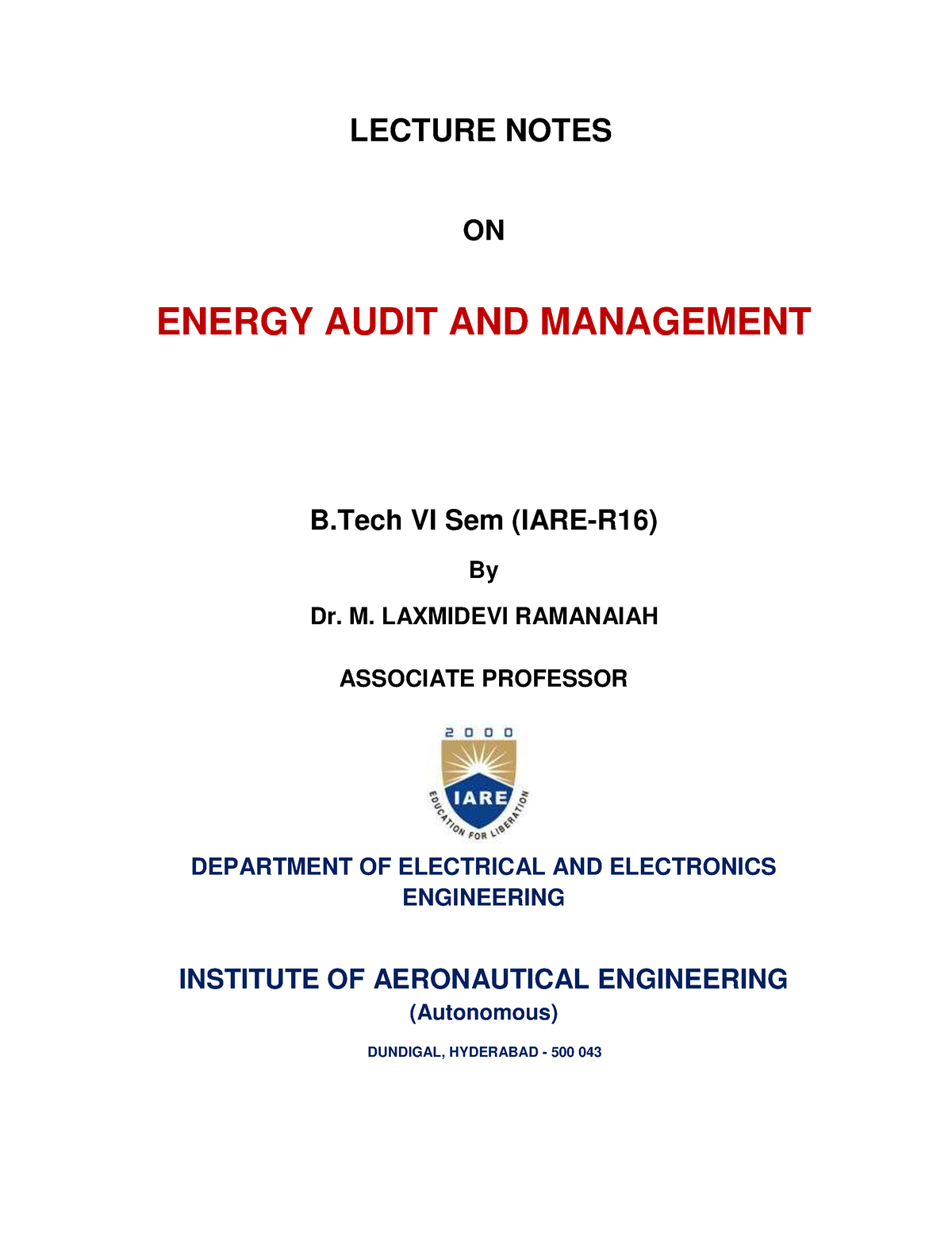 Iare EAM Lecture Notes - LECTURE NOTES ON ENERGY AUDIT AND MANAGEMENT B ...