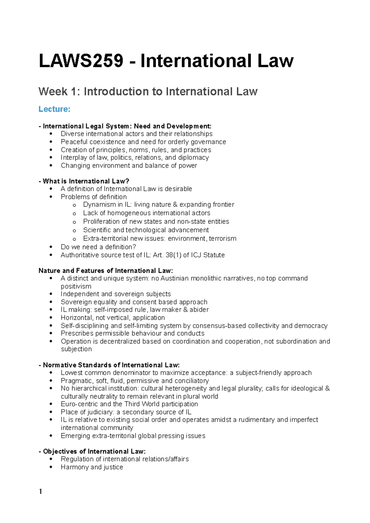 International Law Notes LAWS259 International Law Week 1 