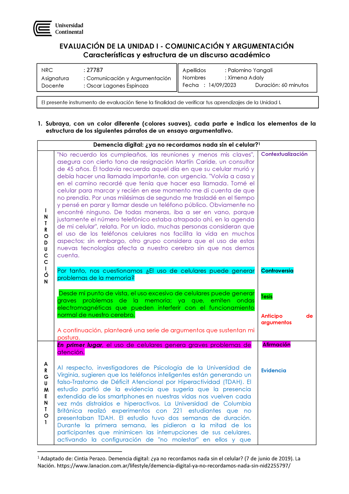 Evaluación Unidad I - EVALUACI”N DE LA UNIDAD I - COMUNICACI”N Y ...