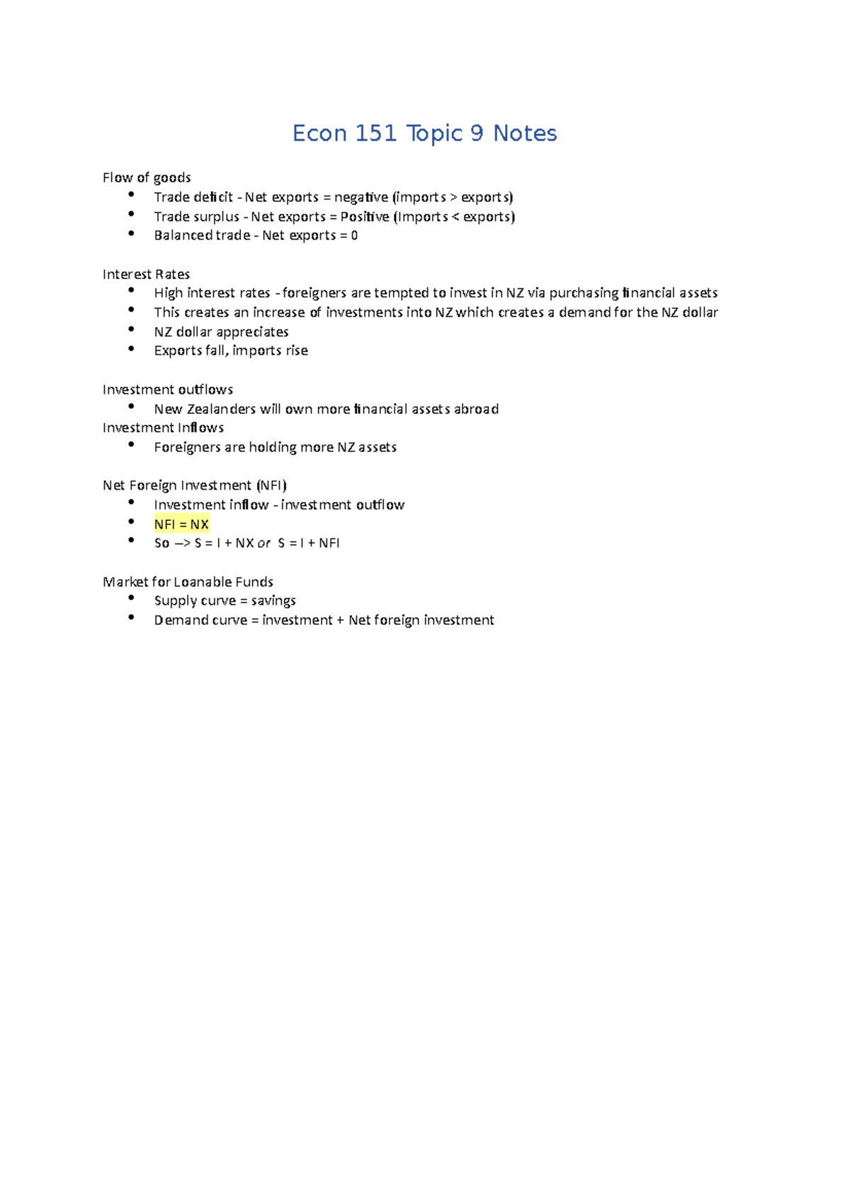 Econ 151 Topic 9 Notes - Econ 151 Topic 9 Notes Flow of goods Trade ...