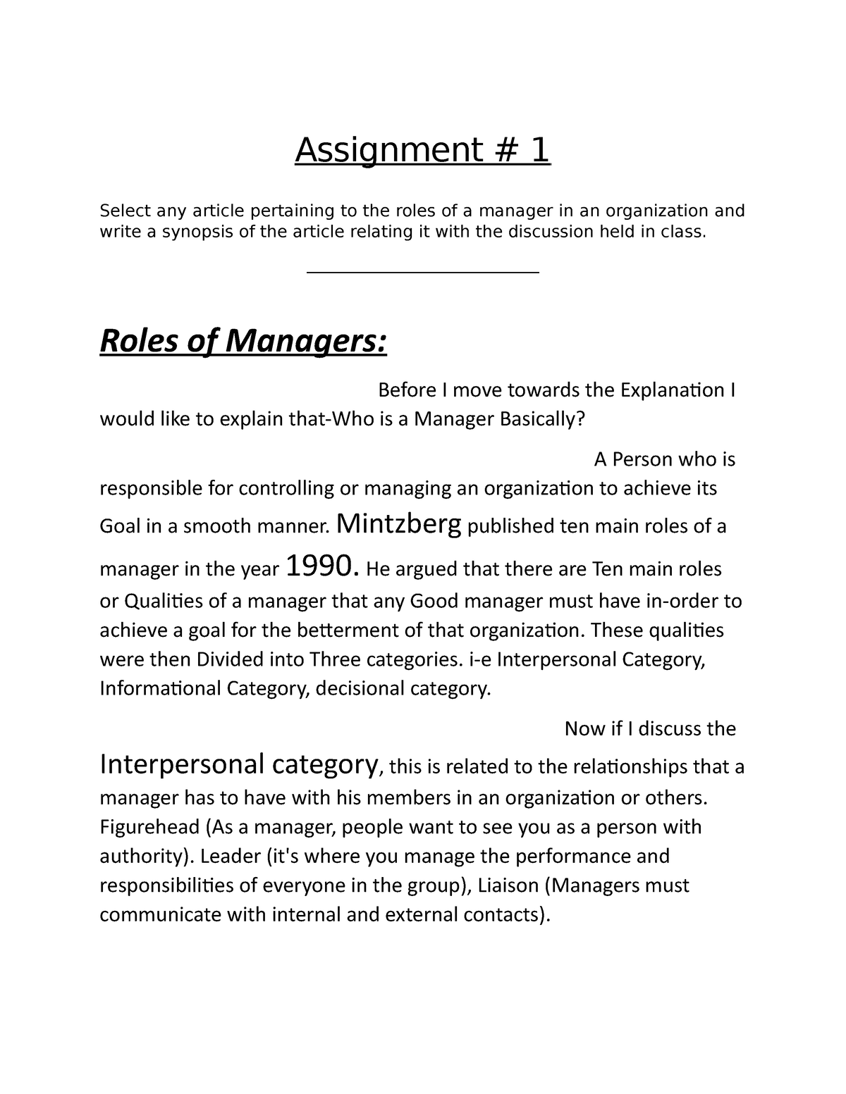 principles of management assignment sample