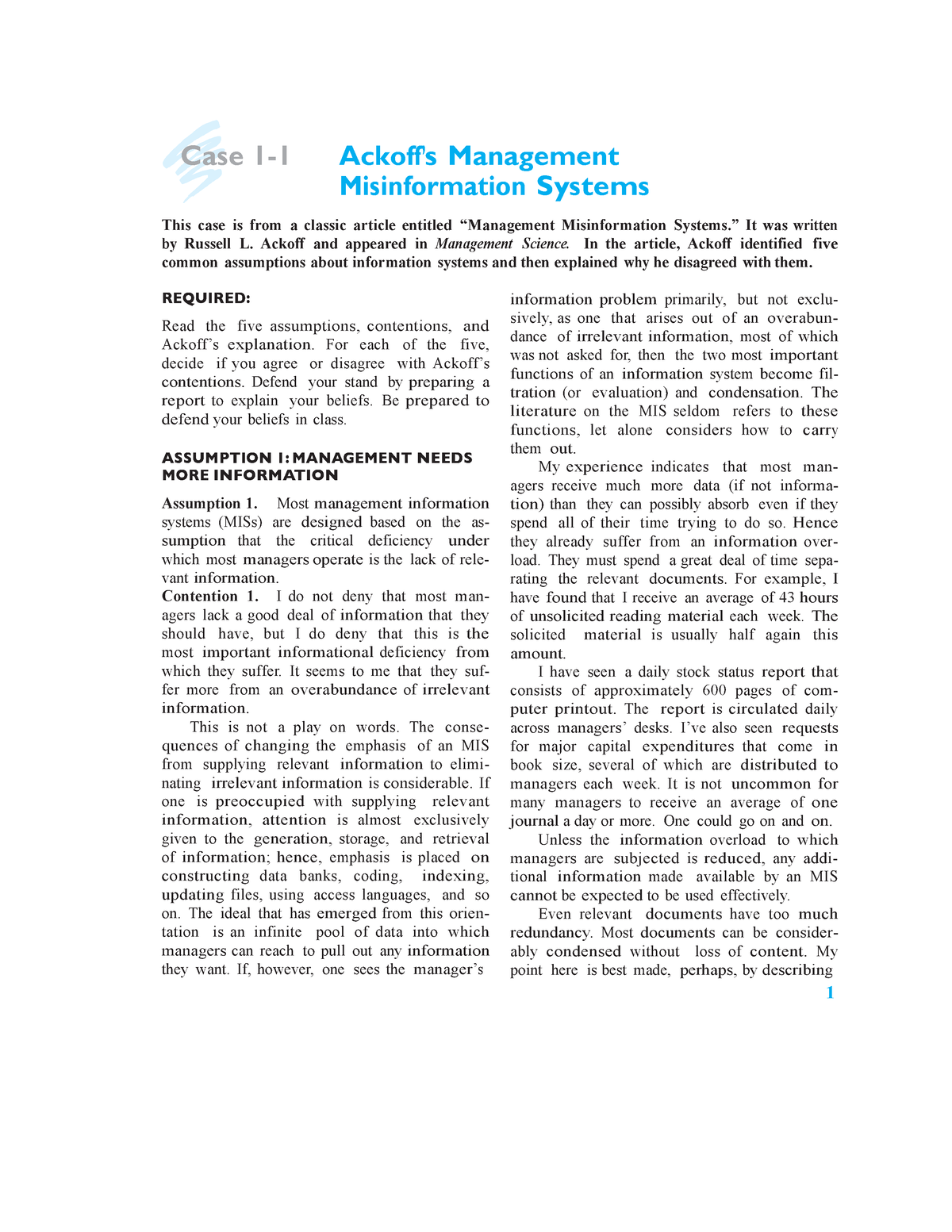 Ackoff 1 - Article Related With Information Systems From Ais - Case 1-1 Ackoff's  Management - Studocu