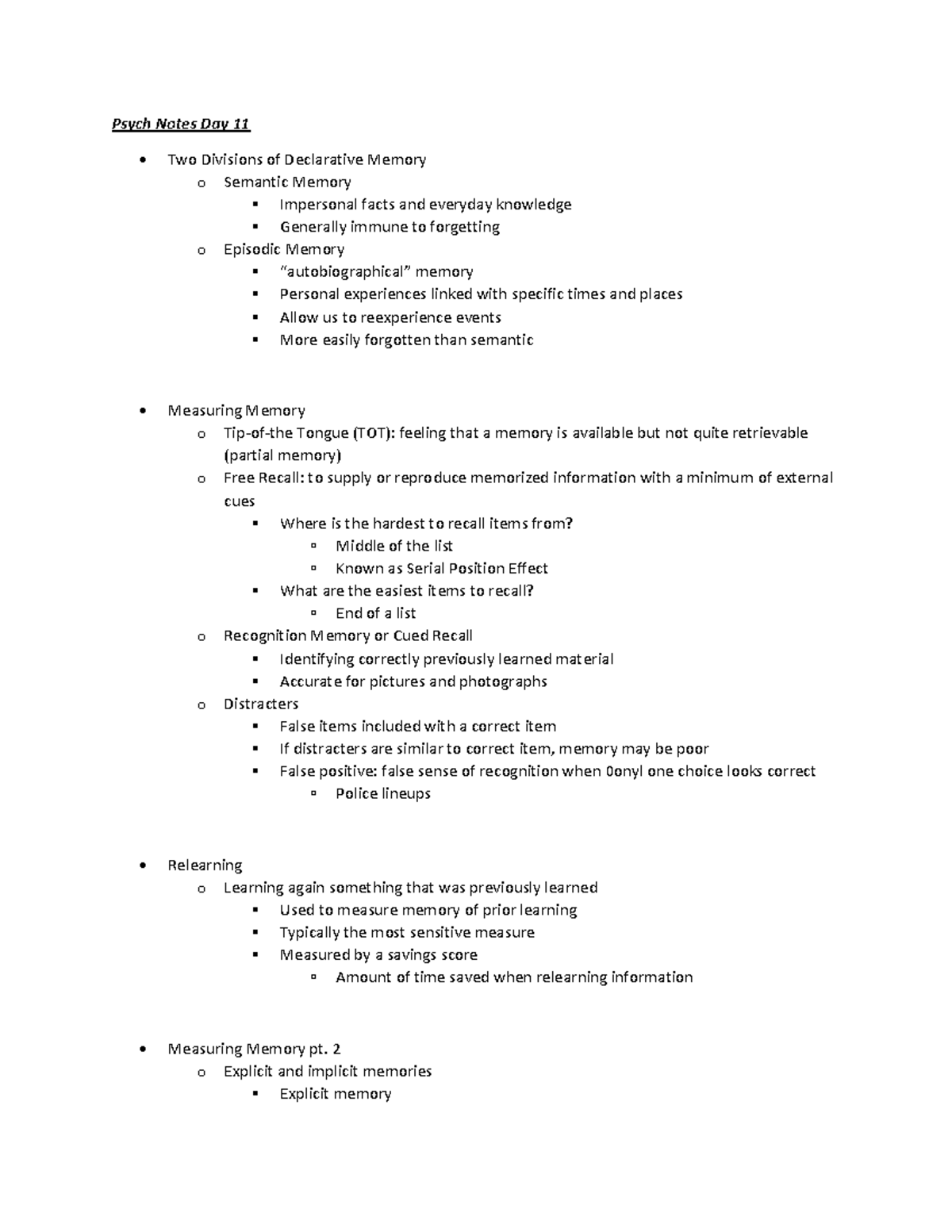 Psych Notes DAY 11 - Psych Notes Day 11 Two Divisions of Declarative ...