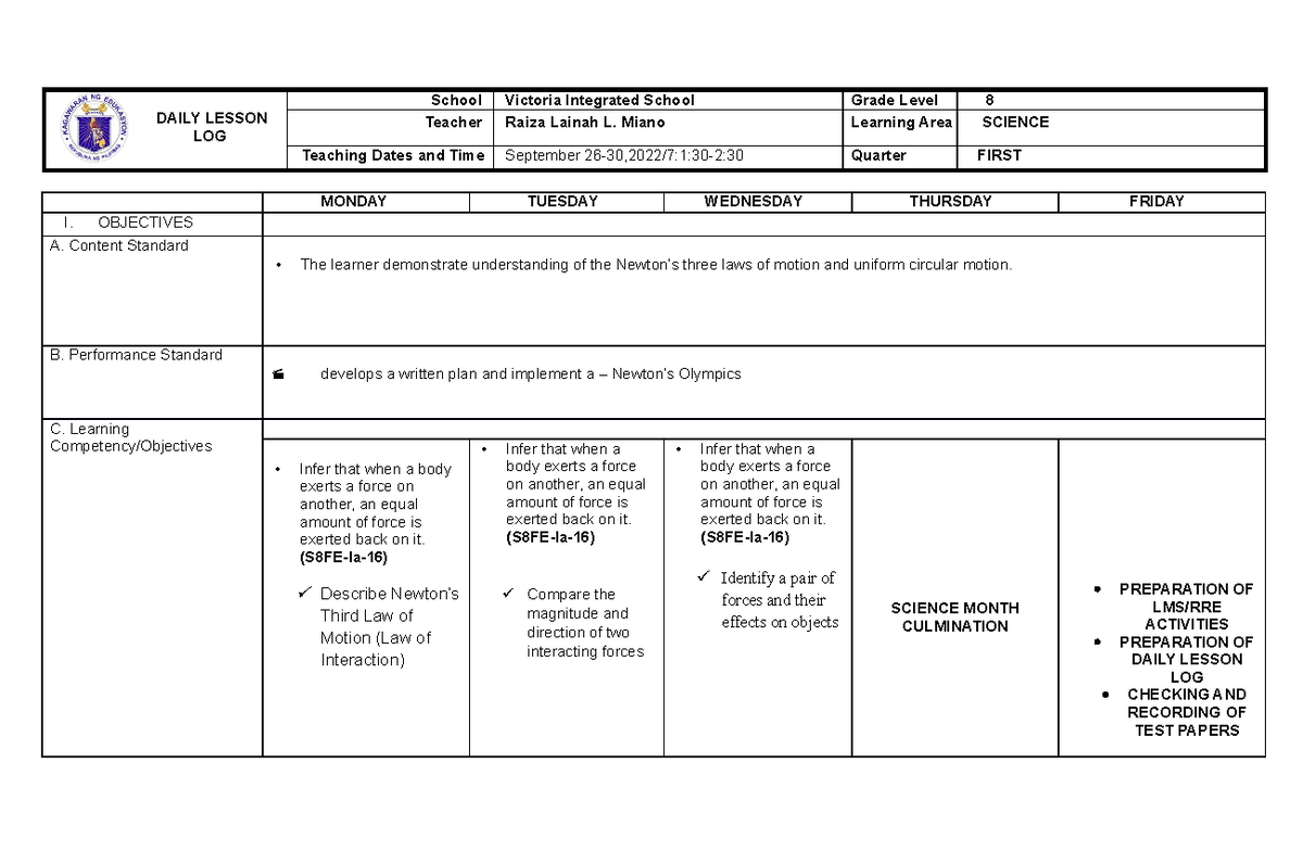 1st-quarter grade 8 week 3 carried out week 4 - DAILY LESSON LOG School ...