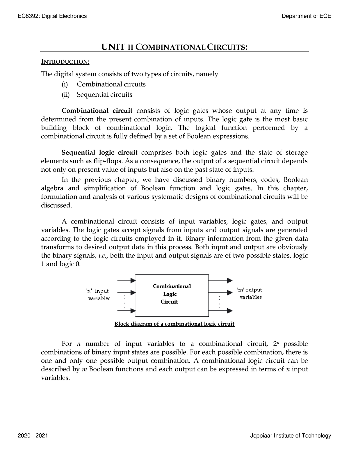 Digital Electronics UNIT 2 - EC8392 – Combinational Circuits UNIT II ...