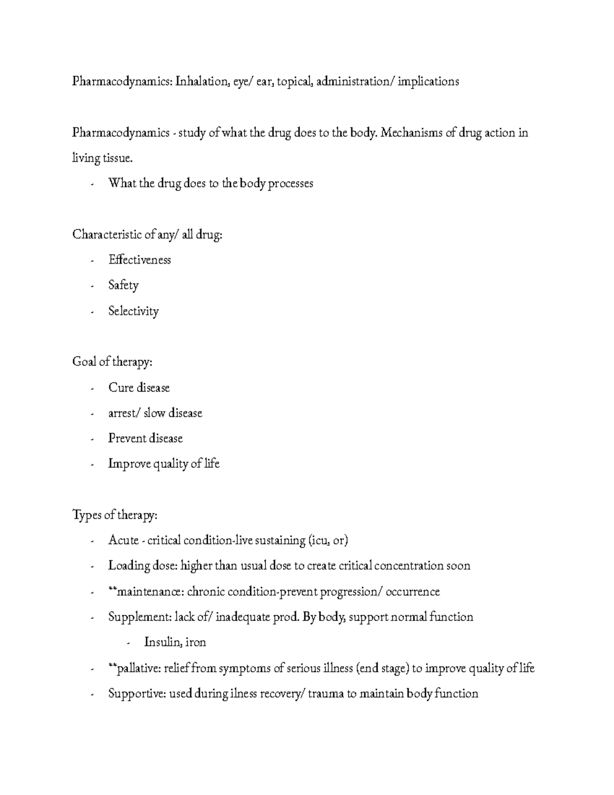 Class 3 Pharmacodynamics Notes - Pharmacodynamics: Inhalation, Eye/ Ear ...