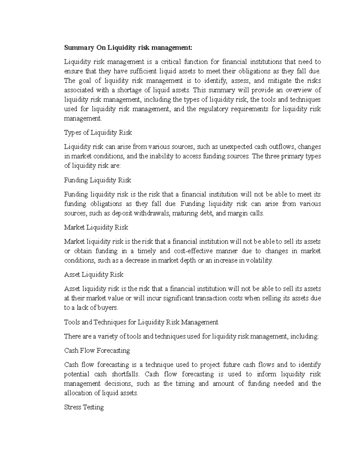 Summary On Liquidity risk management - Summary On Liquidity risk ...