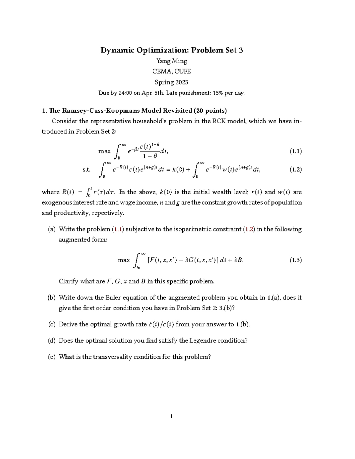 Dyn Opt ps3 s23 - no solutions - Dynamic Optimization: Problem Set 3 ...