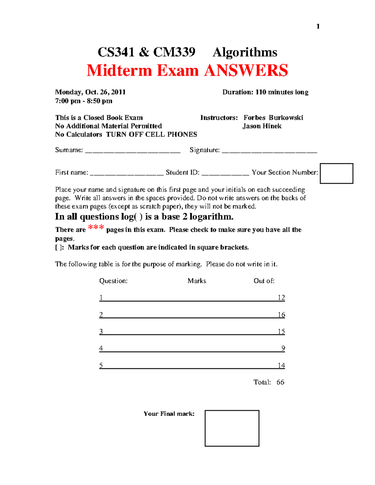 Exam 26 October 2011, Questions And Answers - Midterm - CS 341 & CM339 ...