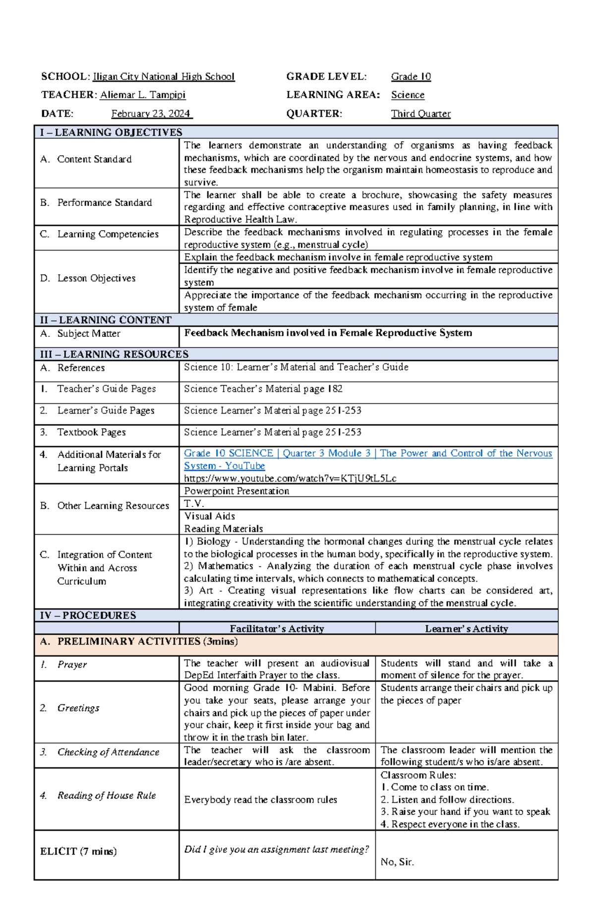 Feedback MECH - SCHOOL: Iligan City National High School GRADE LEVEL ...