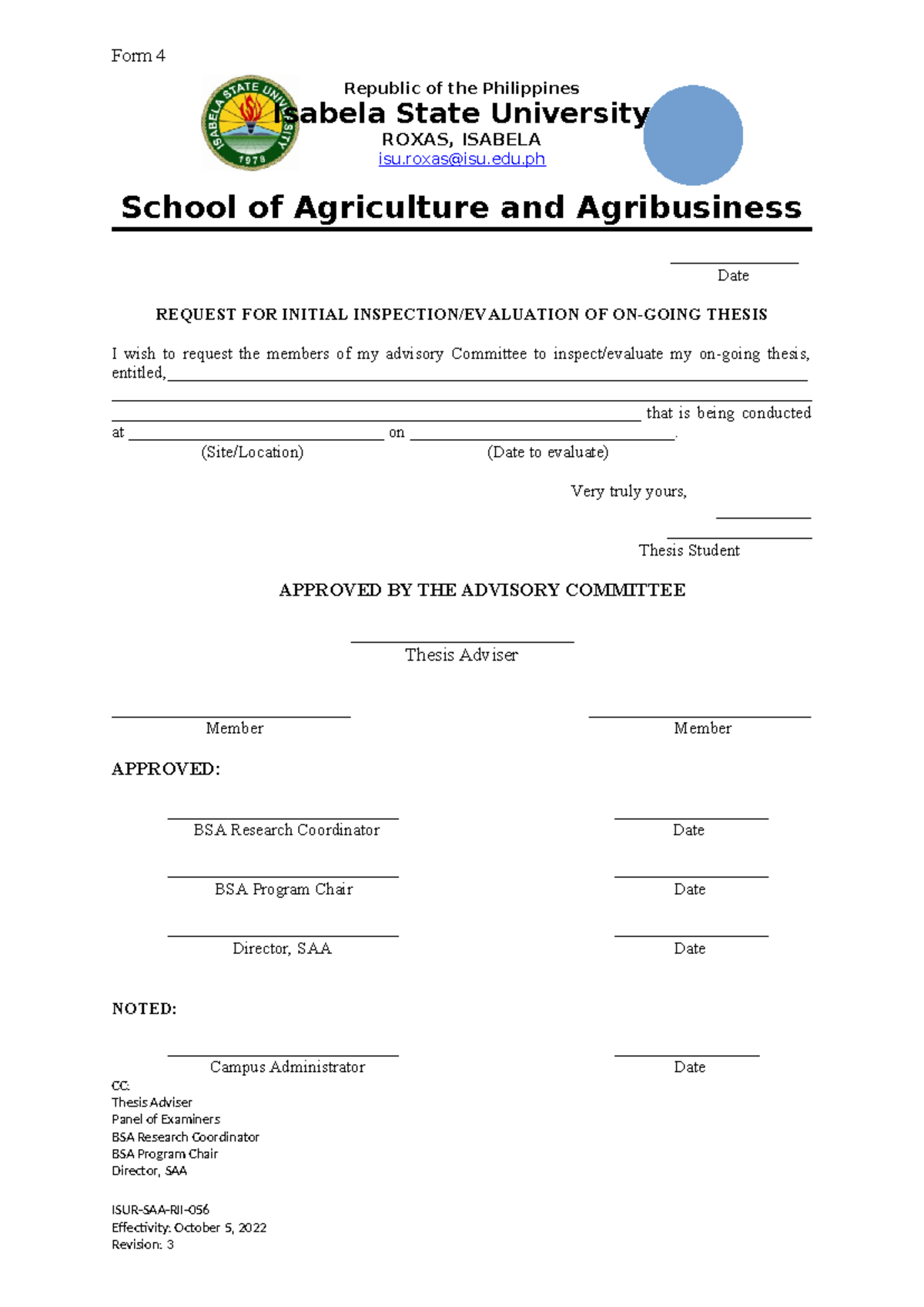 Form 4 Request FOR Initial Inspection Evaluation OF ON Going Thesis ...