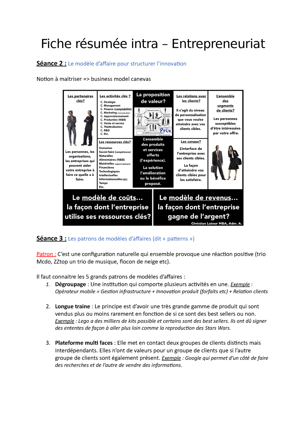 Fiche Resumee Intra Fiche Resumee Intra Entrepreneuriat Seance 2 Le Modele D Afaire Pour Studocu