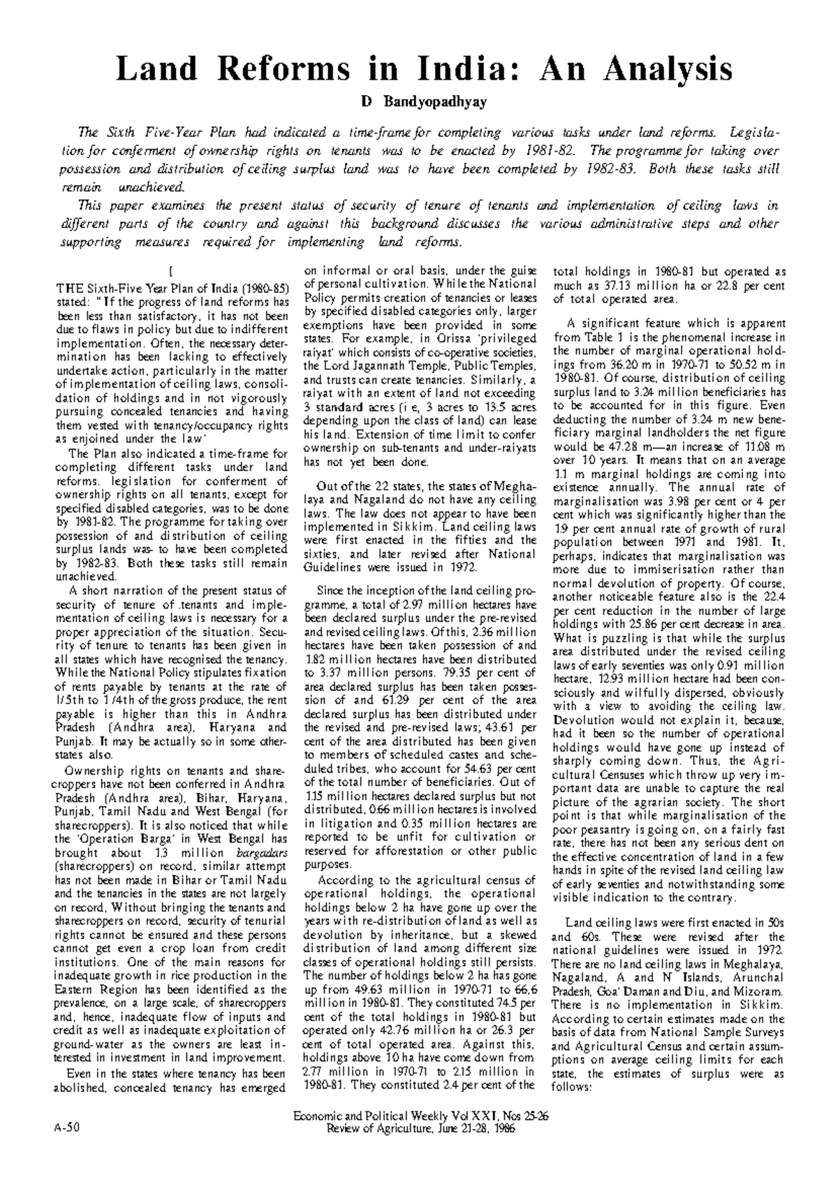 Land Reforms In India An Analysis Legisla Tion For Conferment Of