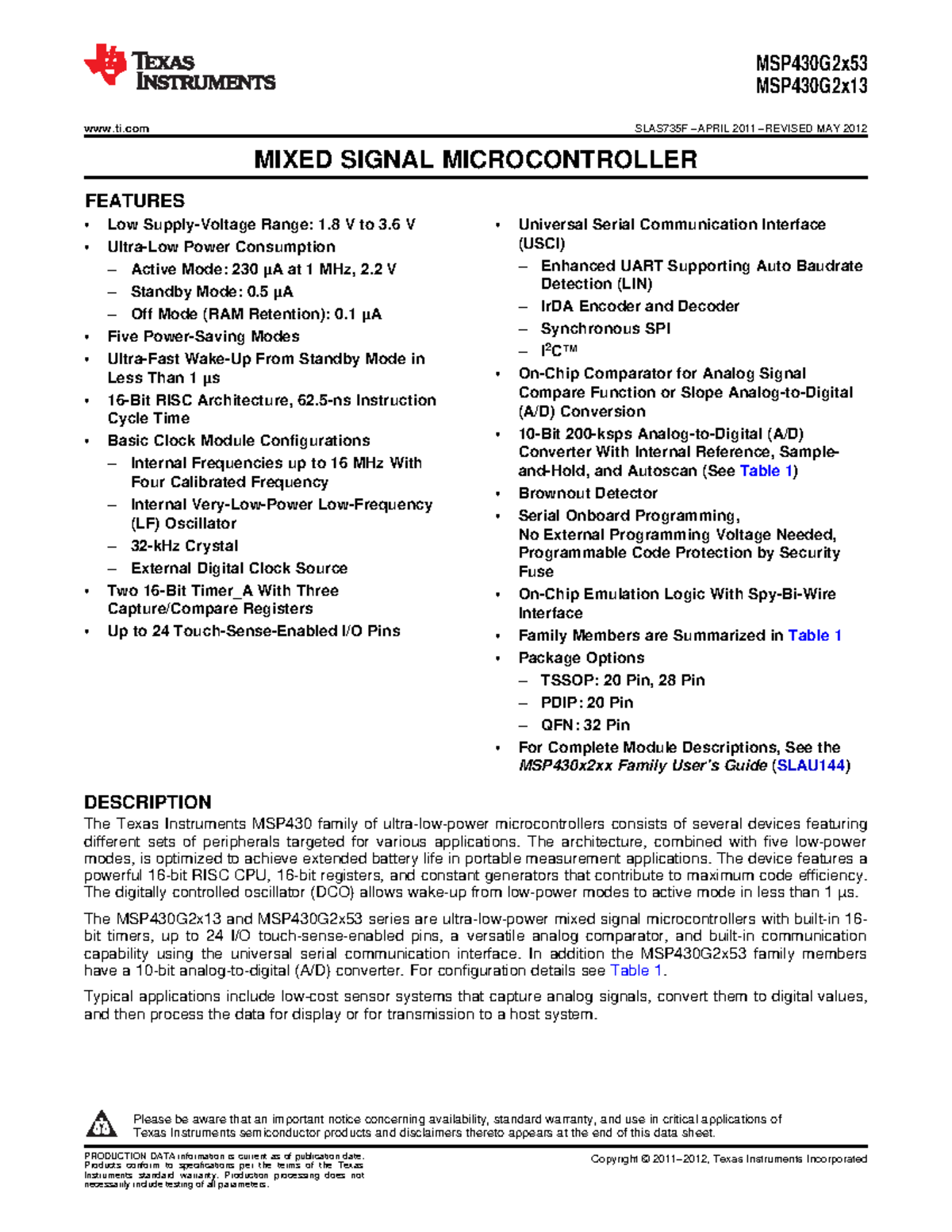 Msp430g2553 - Data Sheet - MSP430G2x Ti SLAS735F – APRIL 2011 – REVISED ...