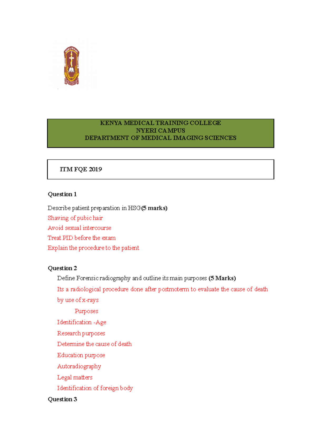 ITM Questions Rad KENYA MEDICAL TRAINING COLLEGE NYERI CAMPUS