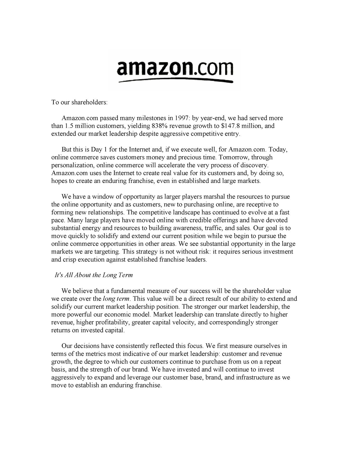 Jeff Bezos letter to Amazon Shareholders Bachelors in Commerce Studocu