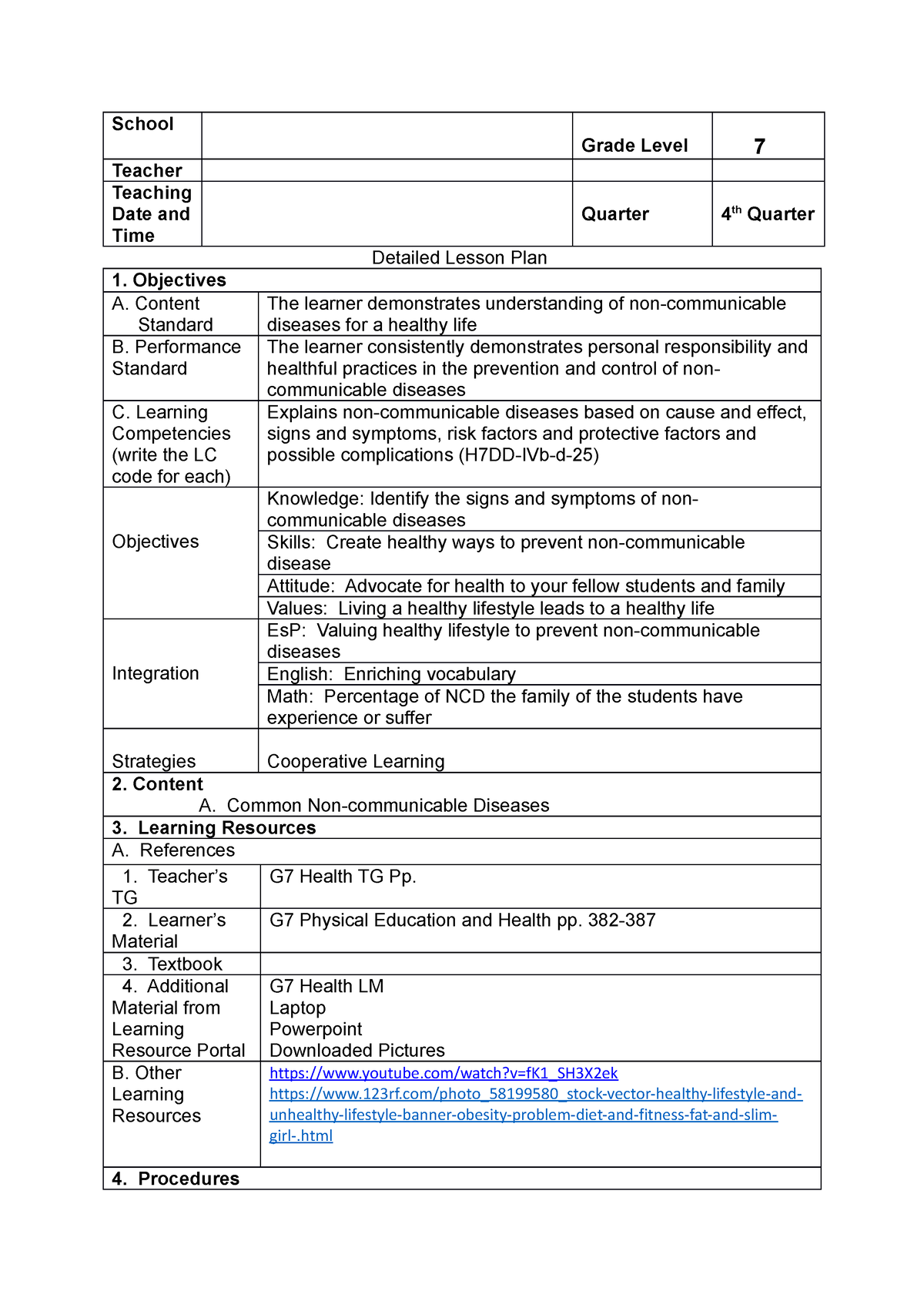 W1-D2-D4 - School Grade Level 7 Teacher Teaching Date and Time Quarter ...