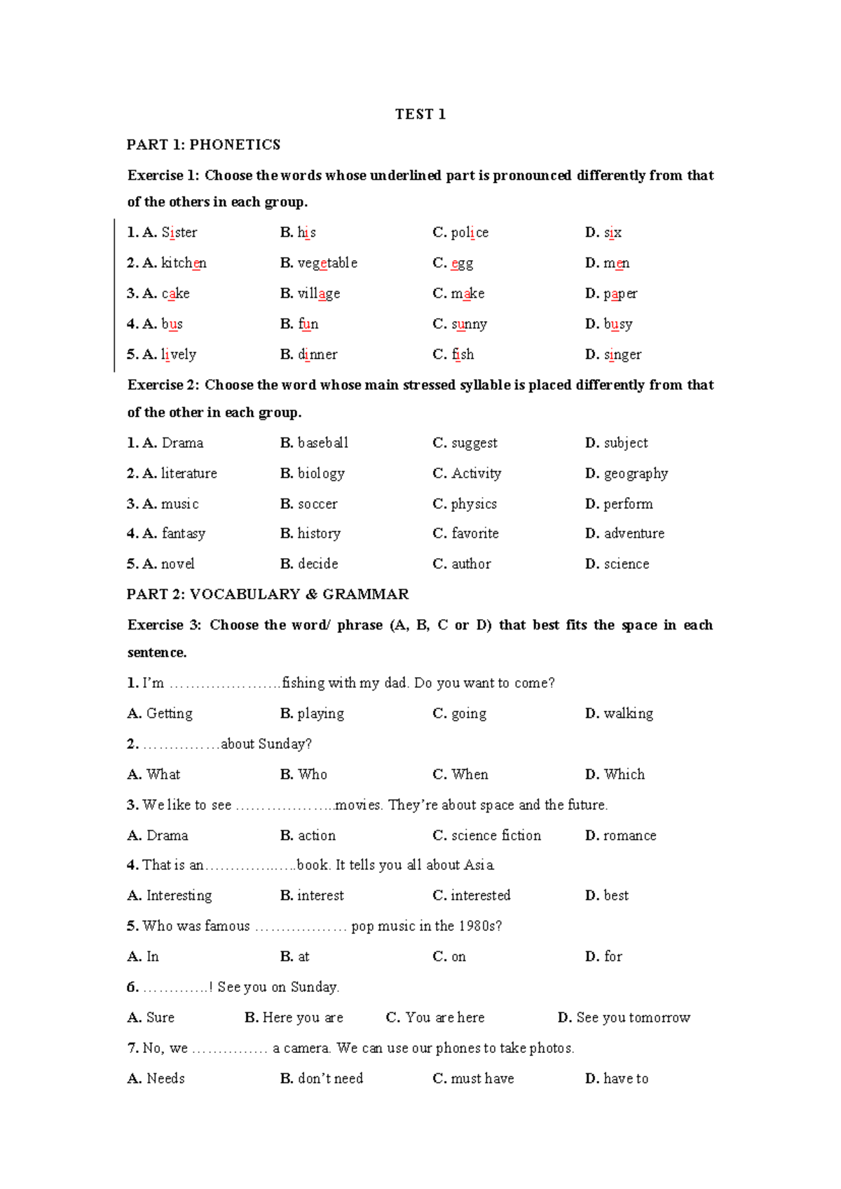 TEST 1 - TEST 1 PART 1: PHONETICS Exercise 1: Choose The Words Whose ...