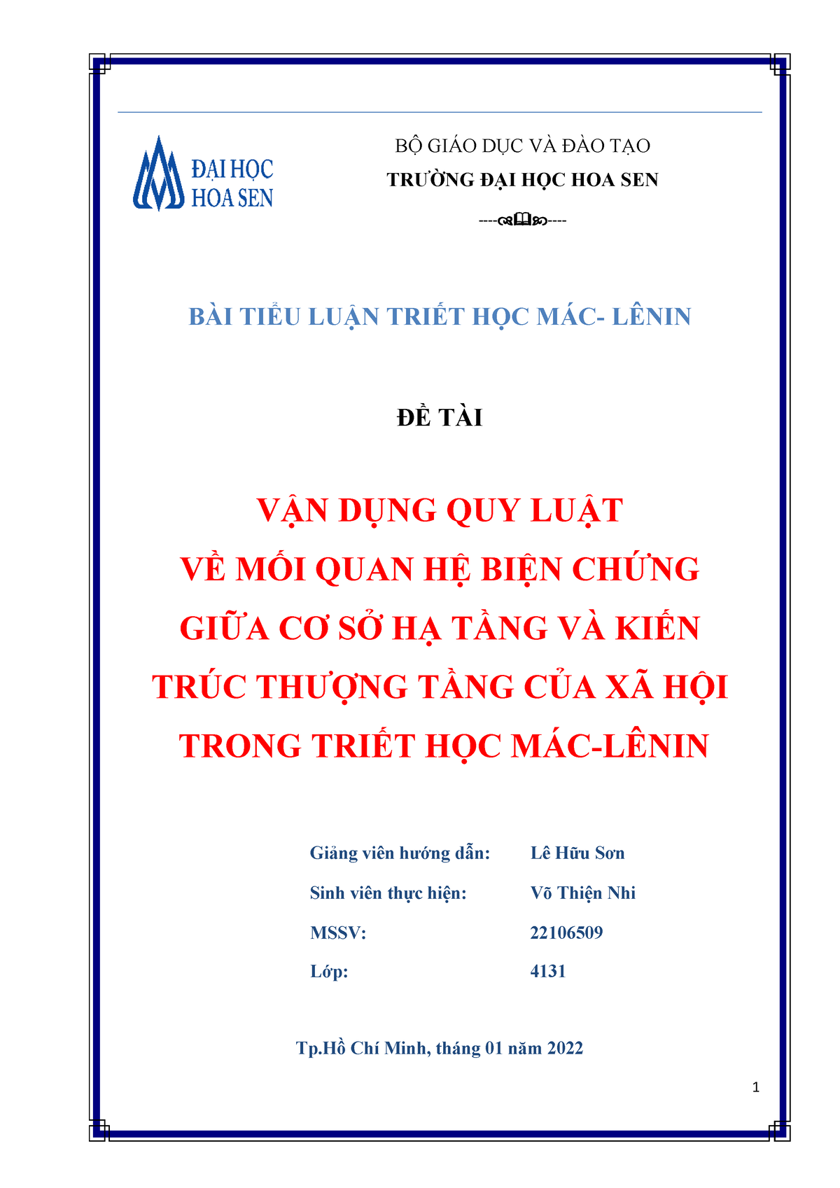 BÀI THI CUỐI KHÓA MÁC Lenin - BỘ GIÁO DỤC VÀ ĐÀO TẠO TRƯỜNG ĐẠI HỌC HOA ...