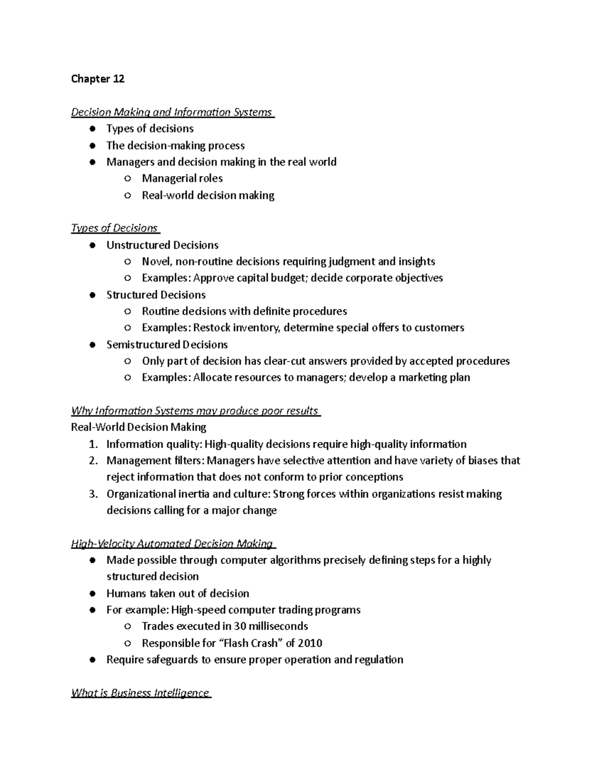 Chapter 12 - Class Notes - Chapter 12 Decision Making And Information ...