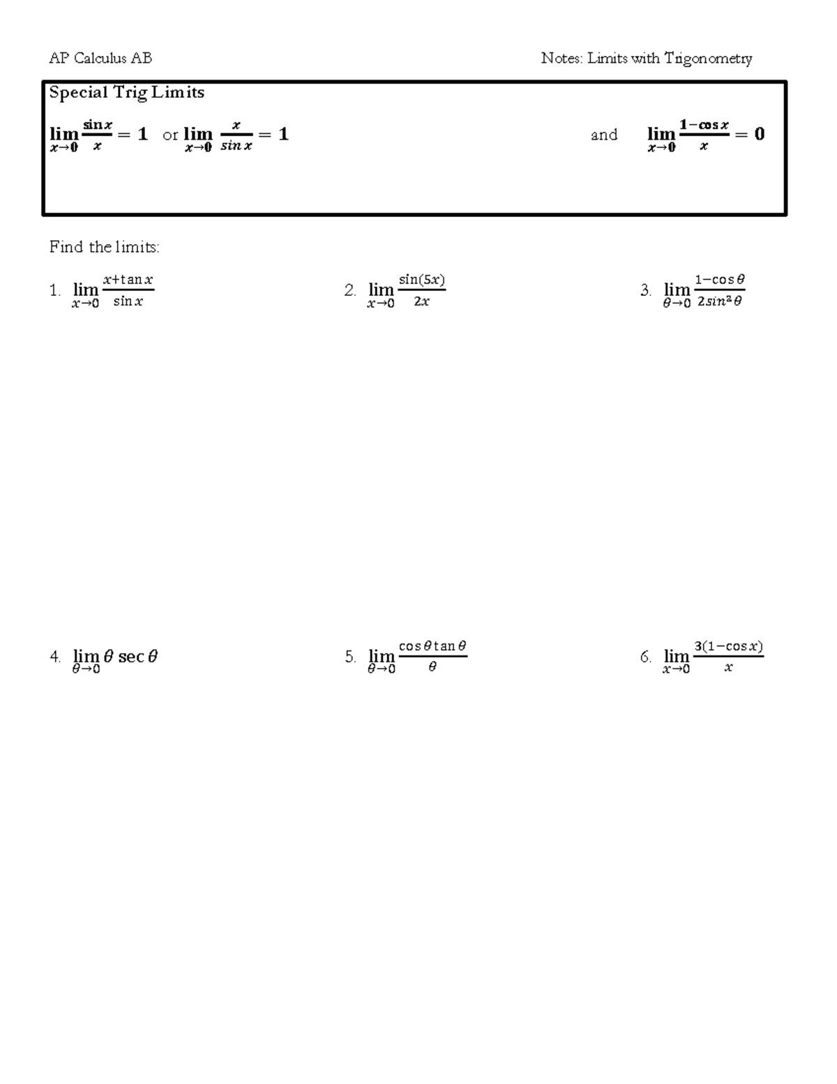 2018 Limits with Trig Notes - AP Calculus AB Notes: Limits with ...