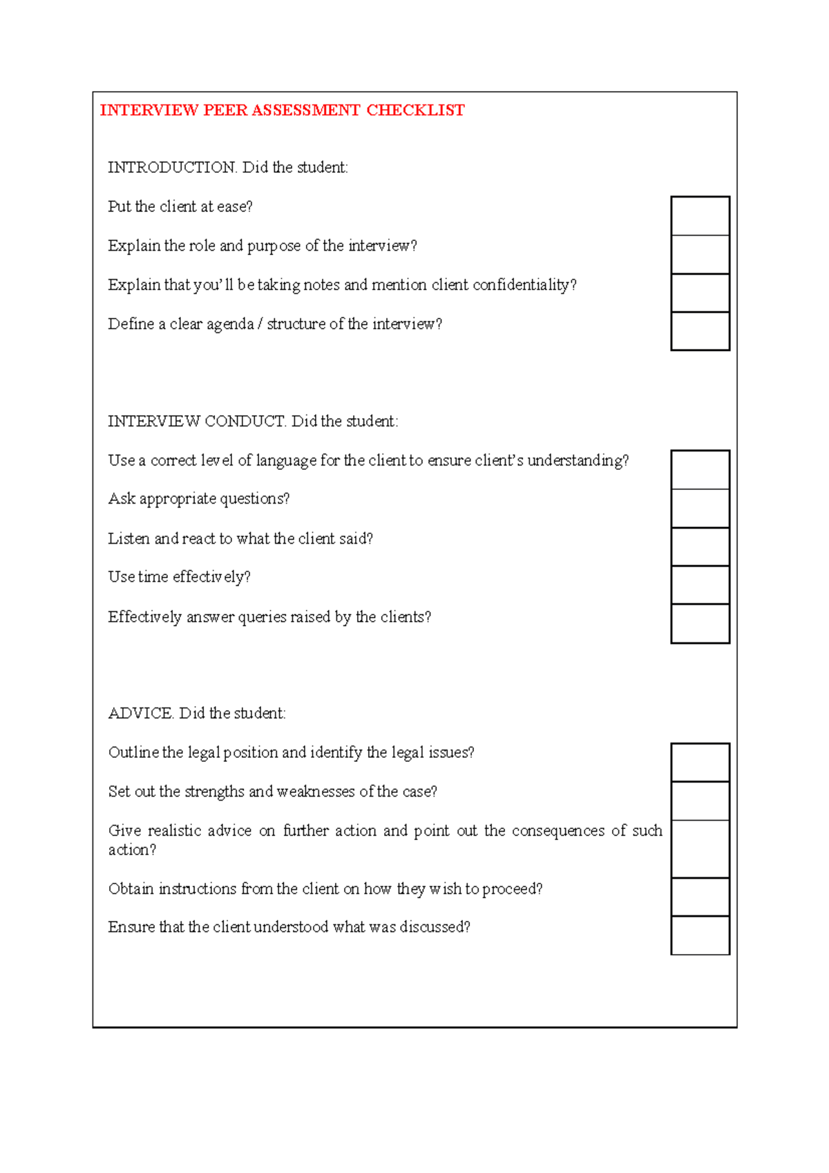 Client Interview Checklist INTERVIEW PEER ASSESSMENT CHECKLIST