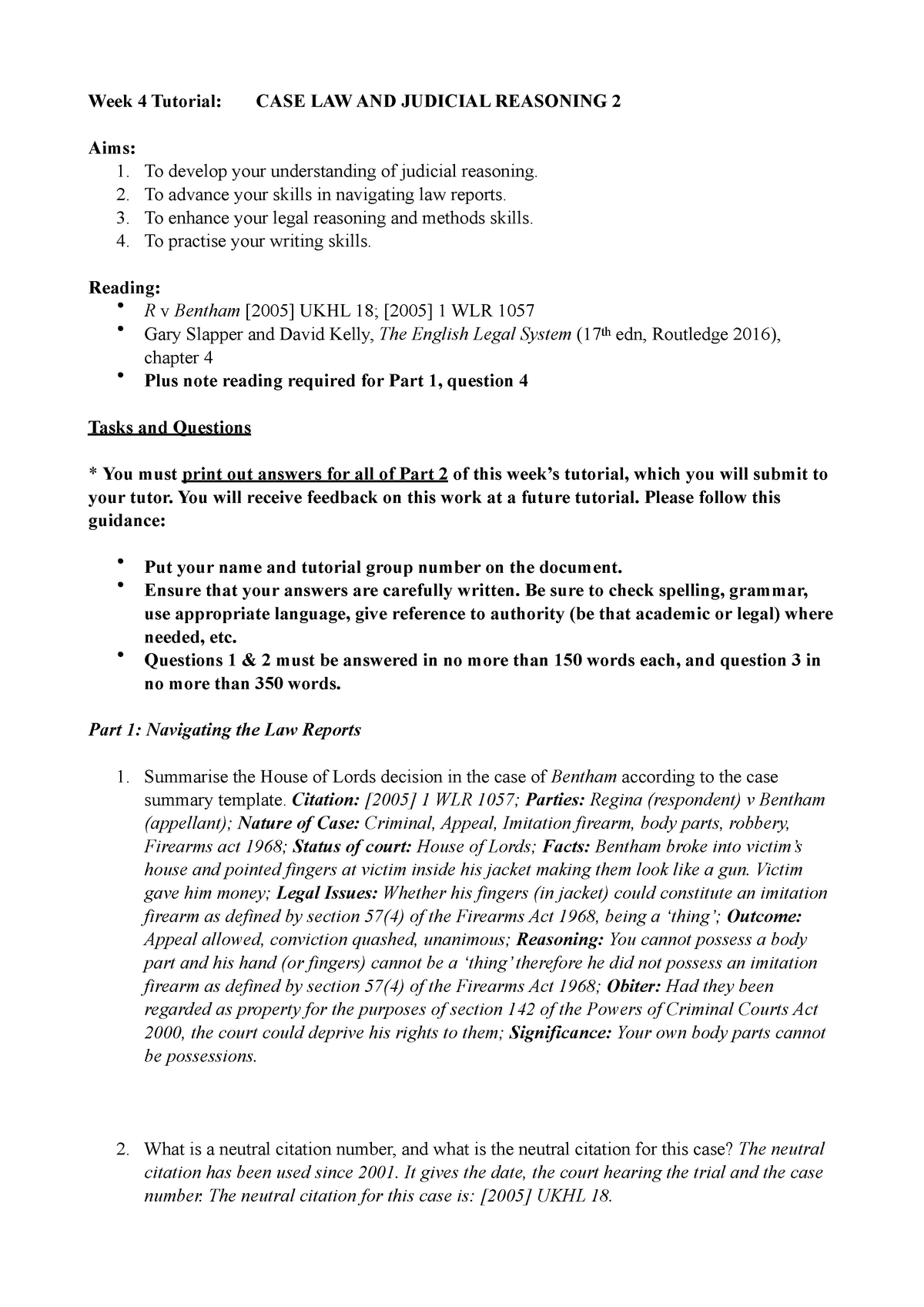 Case Law And Judicial Reasoning Week 4 Tutorial CASE LAW AND 