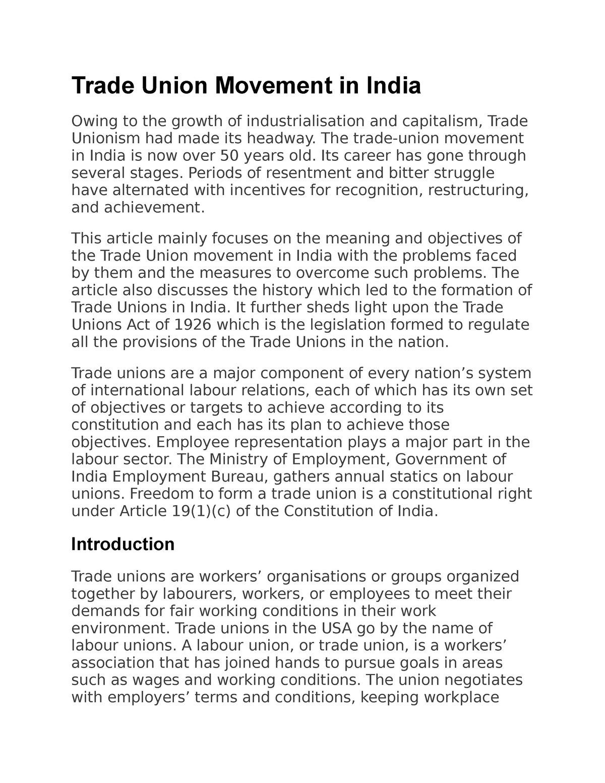 Trade Union Movement Meaning In English