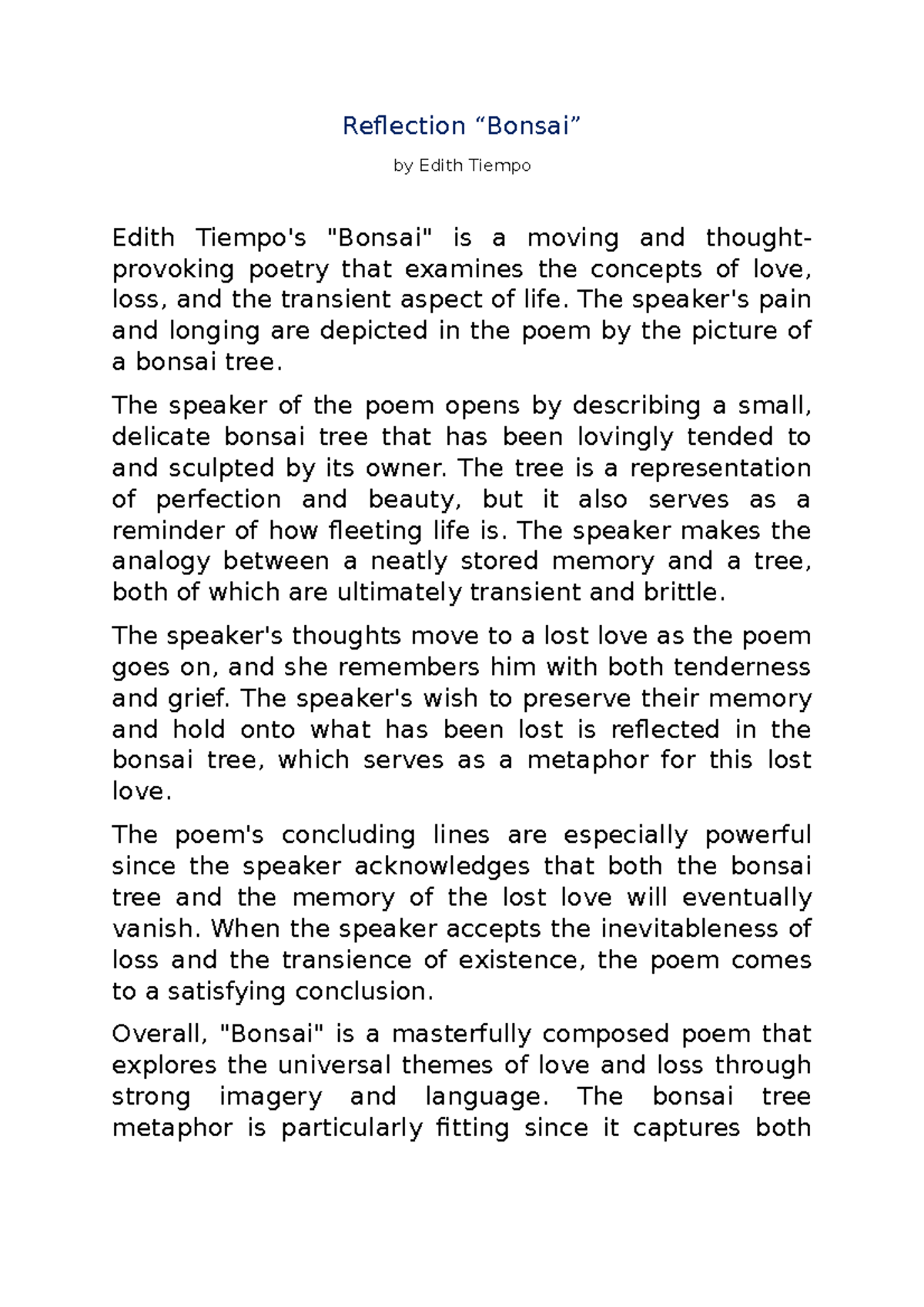 Reflection Bonsai NOTES Reflection “Bonsai” by Edith Tiempo Edith