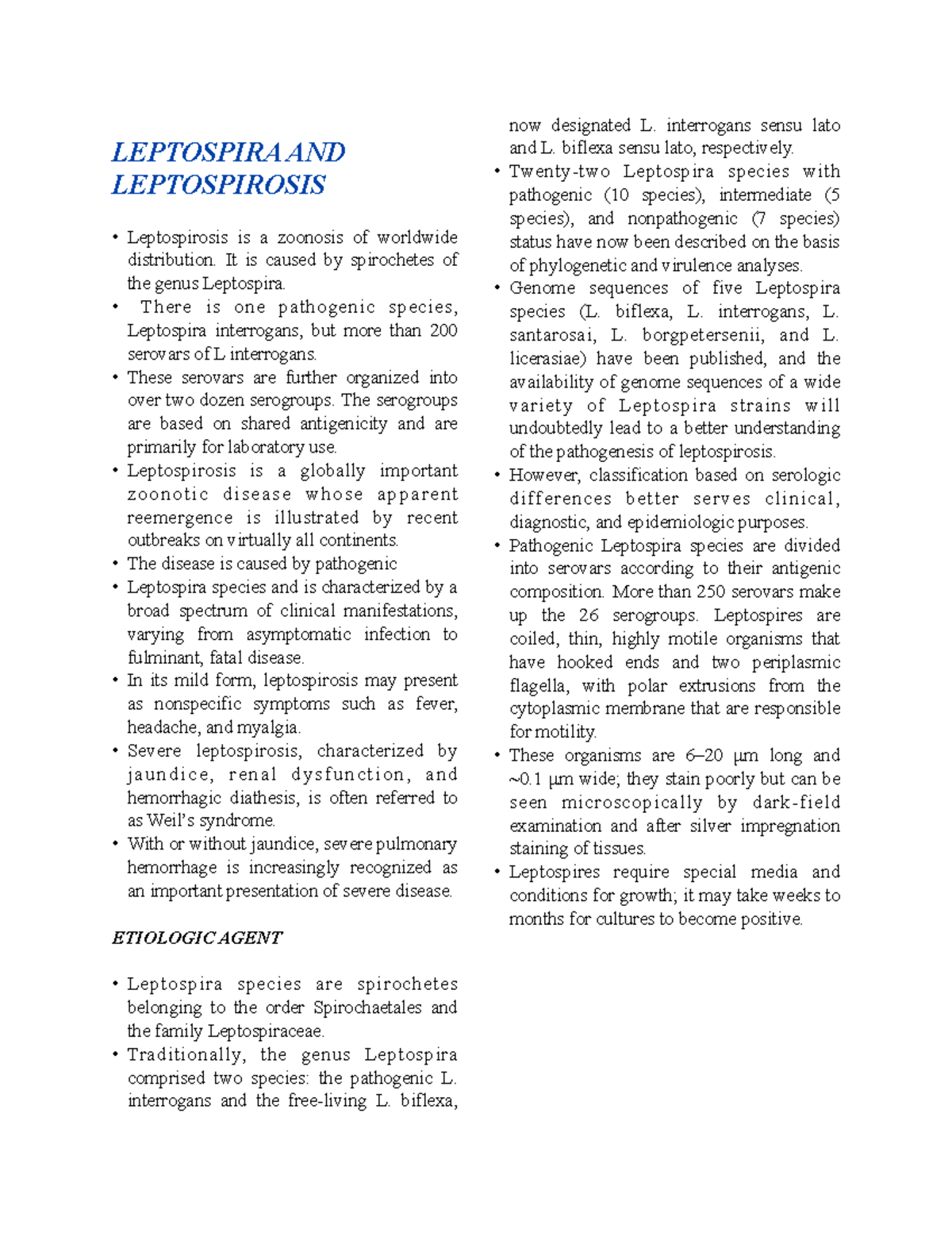 Spirochete- Leptospira Interrogans 1 - LEPTOSPIRA AND LEPTOSPIROSIS ...