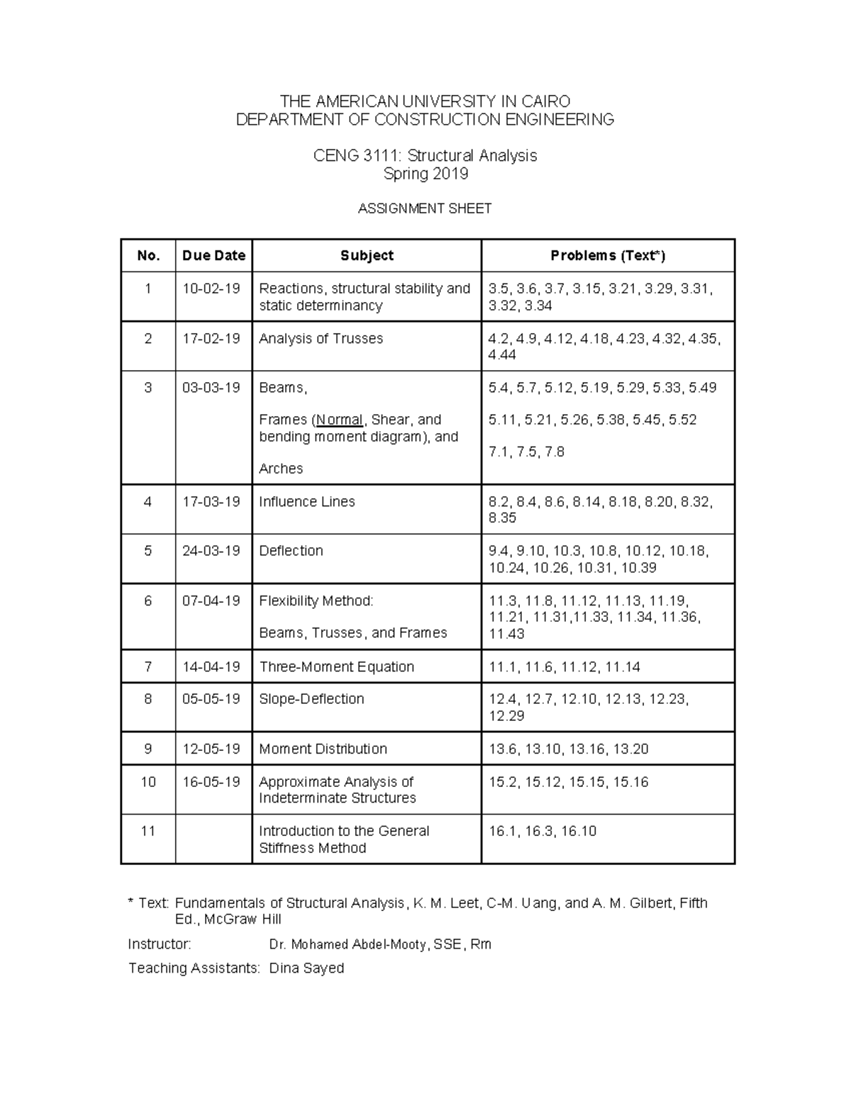 Assignment Sheet 3111 S19 - Structural Analysis - THE AMERICAN ...