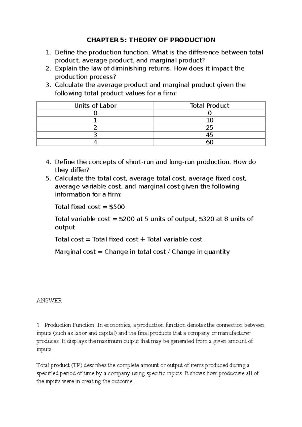 Chapter 5 EKO - tutorial - CHAPTER 5: THEORY OF PRODUCTION Define the ...