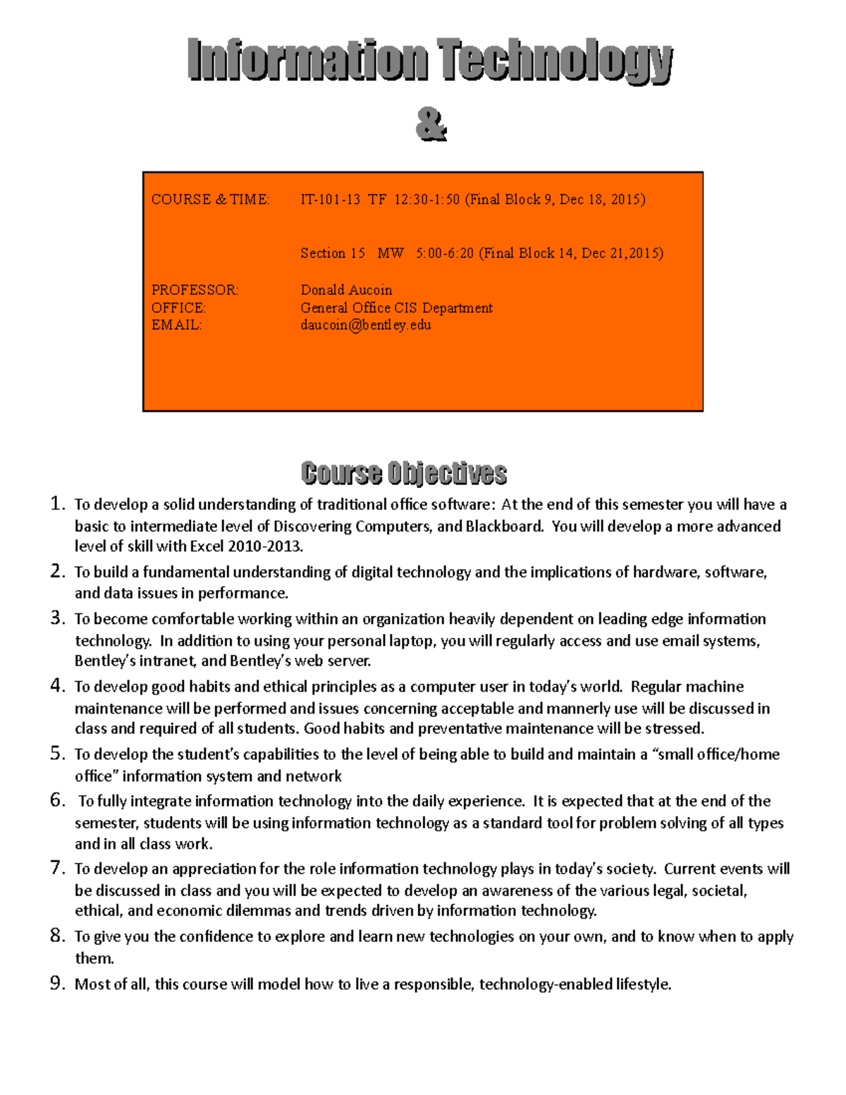 Aucoin Syllabus Syllabus COURSE TIME IT 101 13 TF 12 30 1 50 