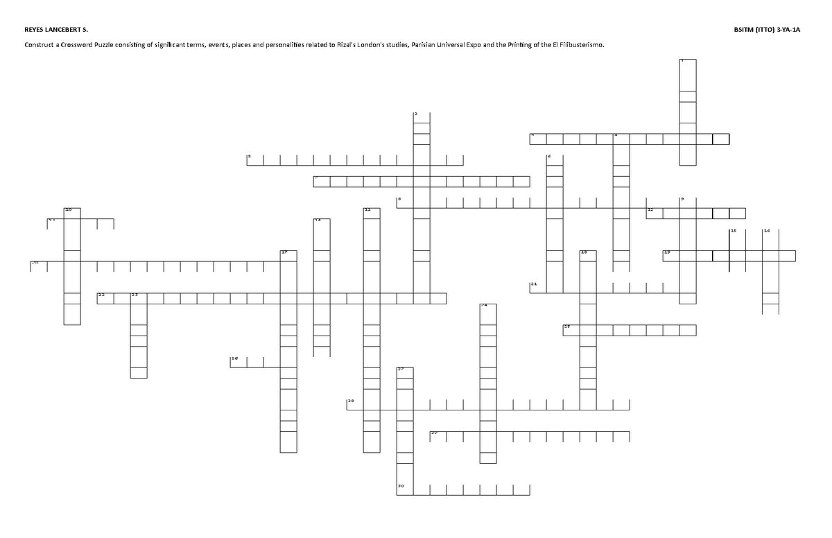 Crossword Puzzle consisting of significant terms events places and