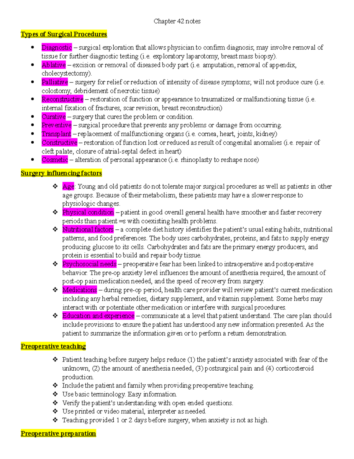 Chapter 42 Notes - Chapter 42 Notes Types Of Surgical Procedures ...