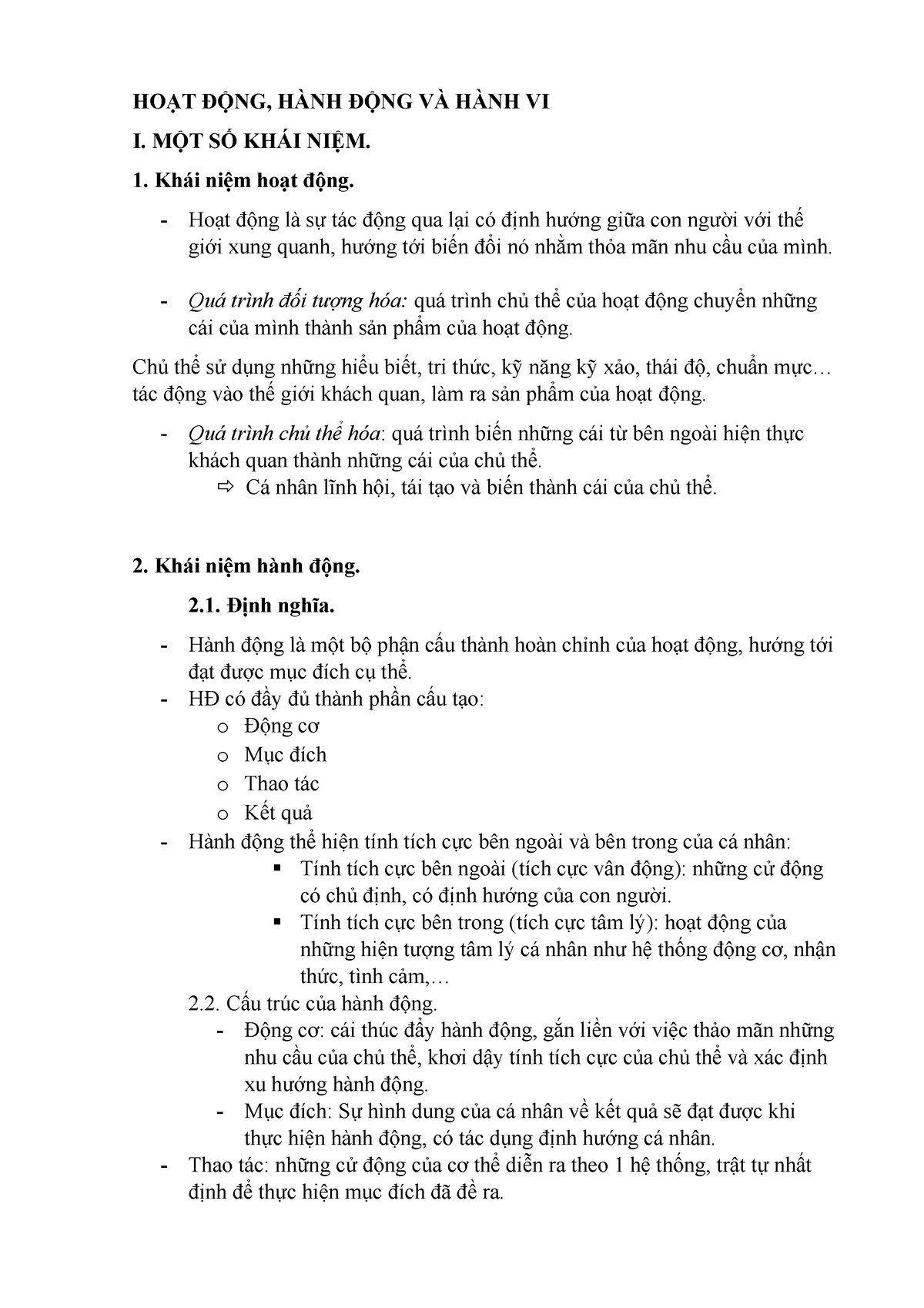 Hoạt động Hành động hành vi - HOẠT ĐỘNG, HÀNH ĐỘNG VÀ HÀNH VI I. MỘT SỐ KHÁI NIỆM. Khái niệm hoạt - Studocu