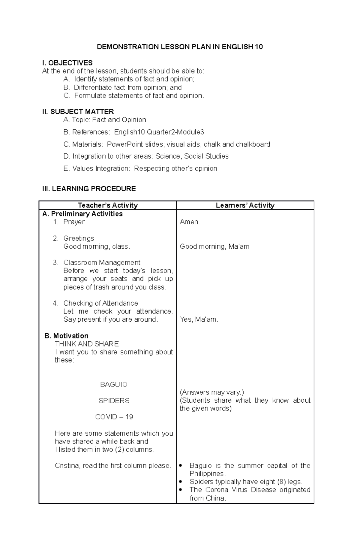 Lesson PLAN IN English 10 Fact Or Opinion DEMONSTRATION LESSON PLAN 