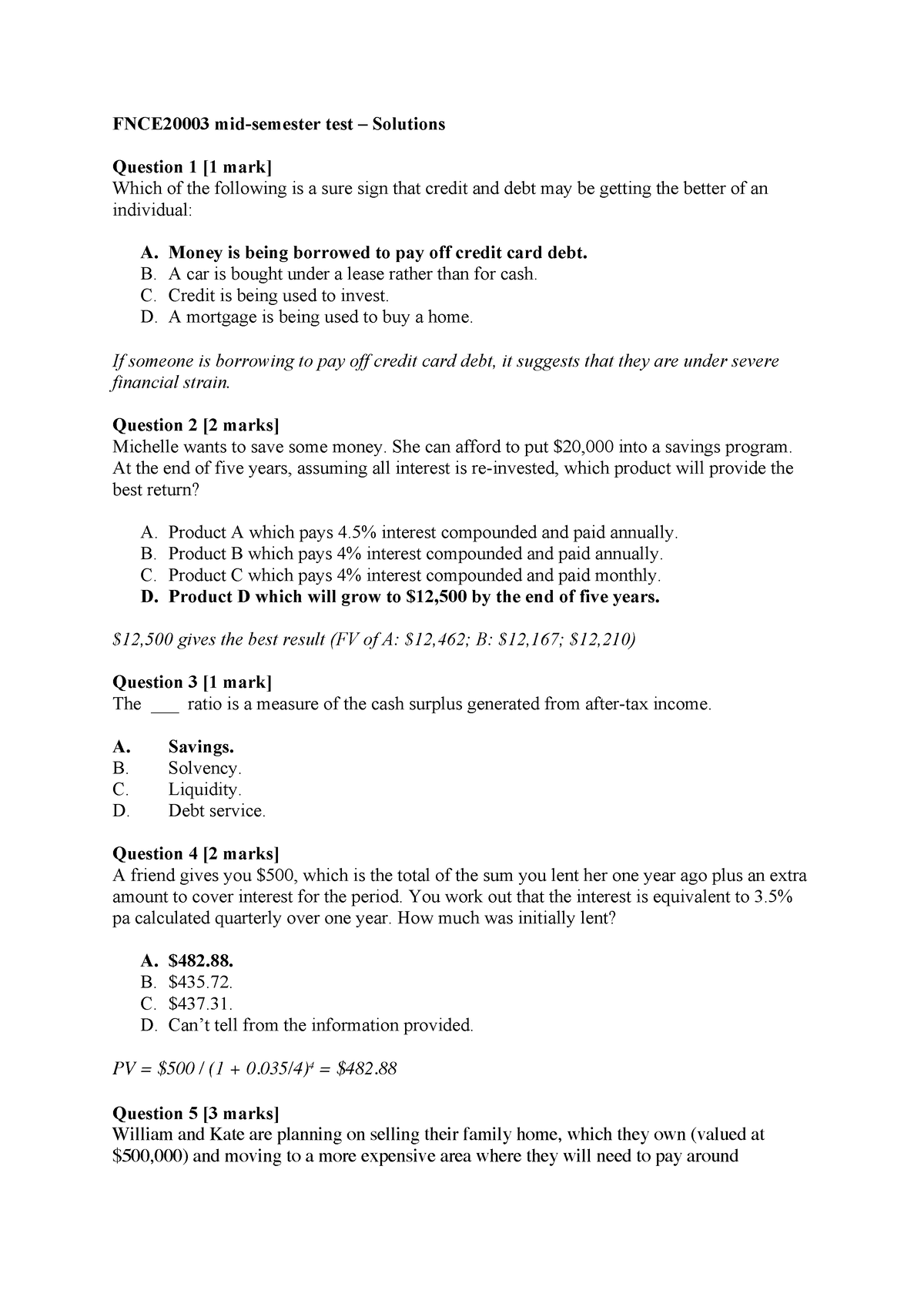 FNCE2000 3 20222 mst practice solutions - FNCE20003 mid-semester test 3 ...