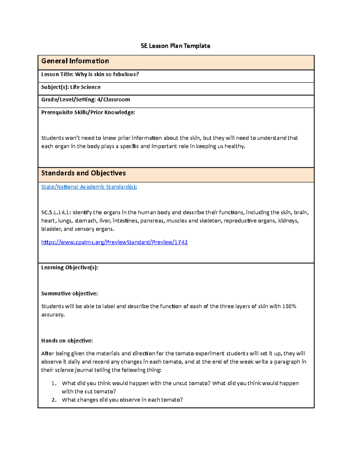 Science Mrthods Lesson Plan - 5E Lesson Plan Template General ...