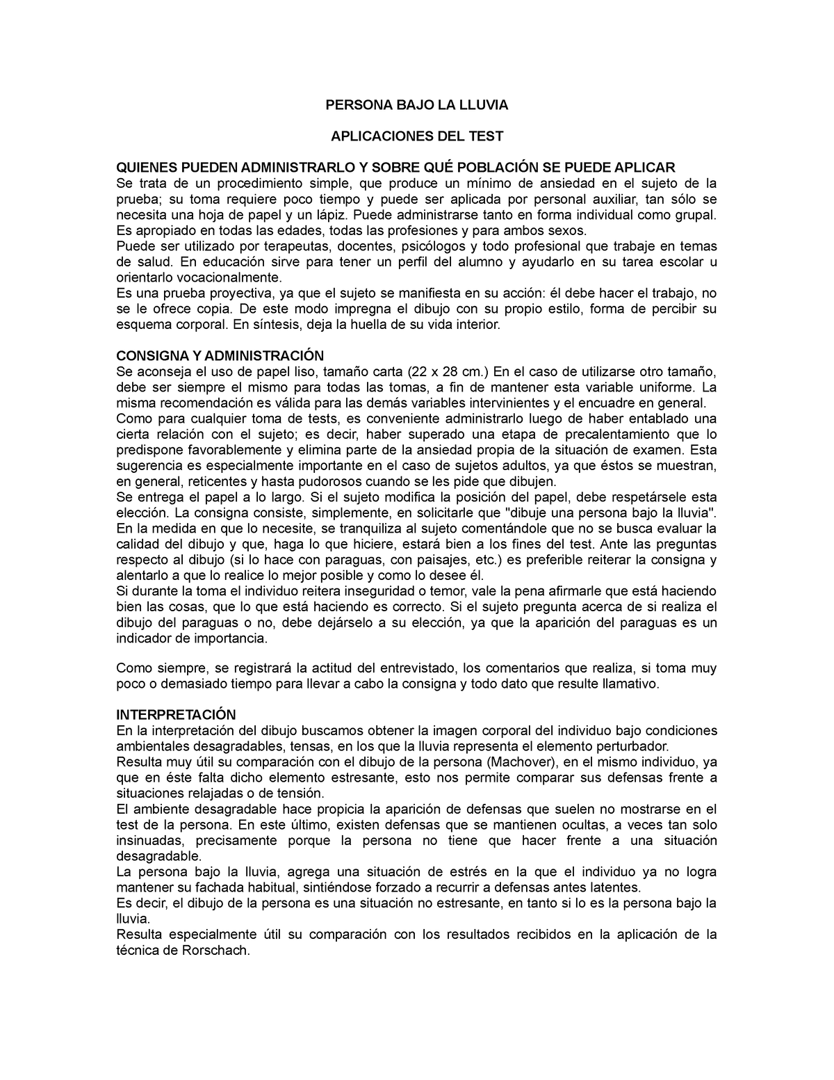 Manual del Test de la Persona Bajo La LLuvia - PERSONA BAJO LA LLUVIA  APLICACIONES DEL TEST QUIENES - Studocu