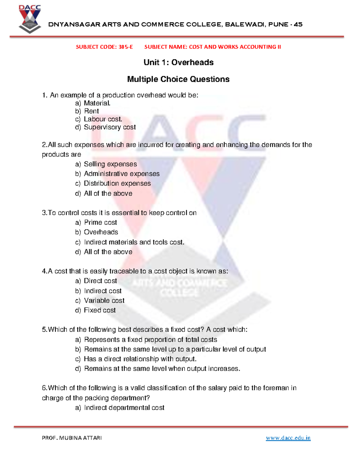 MCQ 305E -Costworks-accounting-II - SUBJECT CODE: 305-E SUBJECT NAME ...