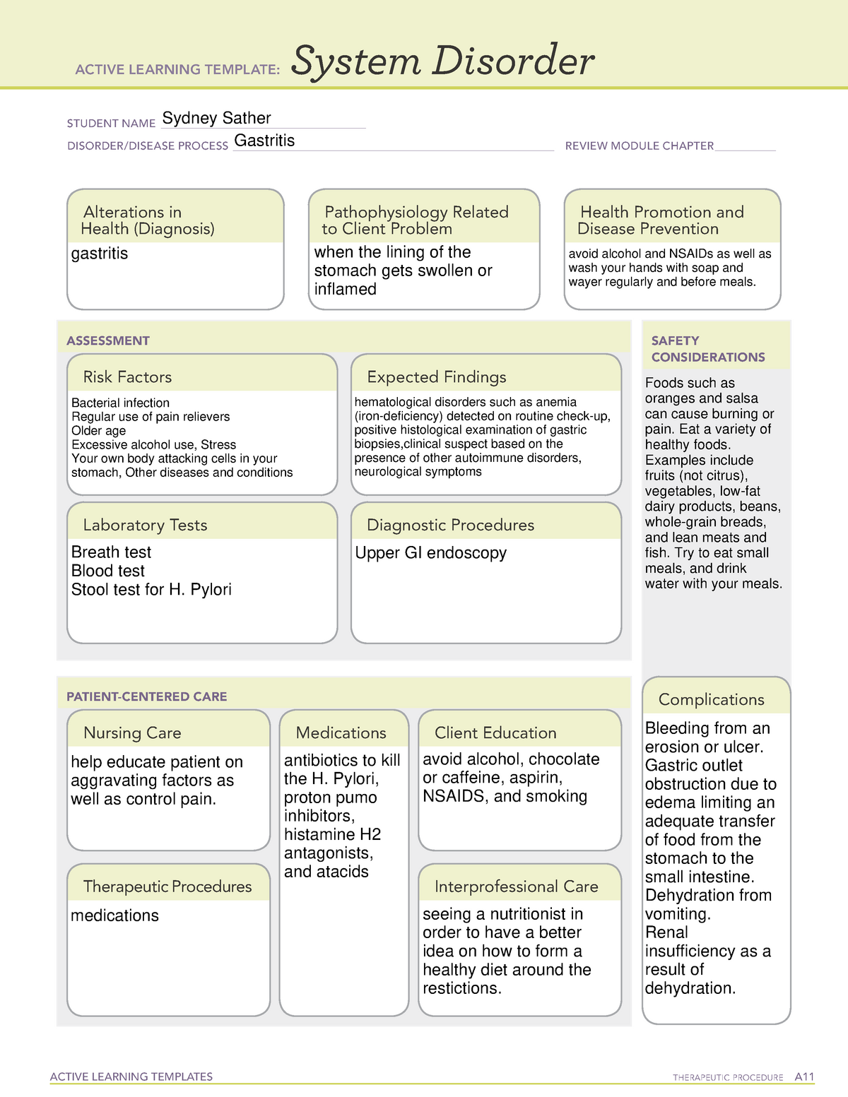 Gastritis paperwork - ACTIVE LEARNING TEMPLATES THERAPEUTIC PROCEDURE A ...