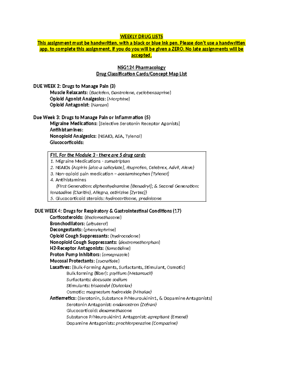 NSG124 Pharmacology Drug Classifications - WEEKLY DRUG LISTS This ...