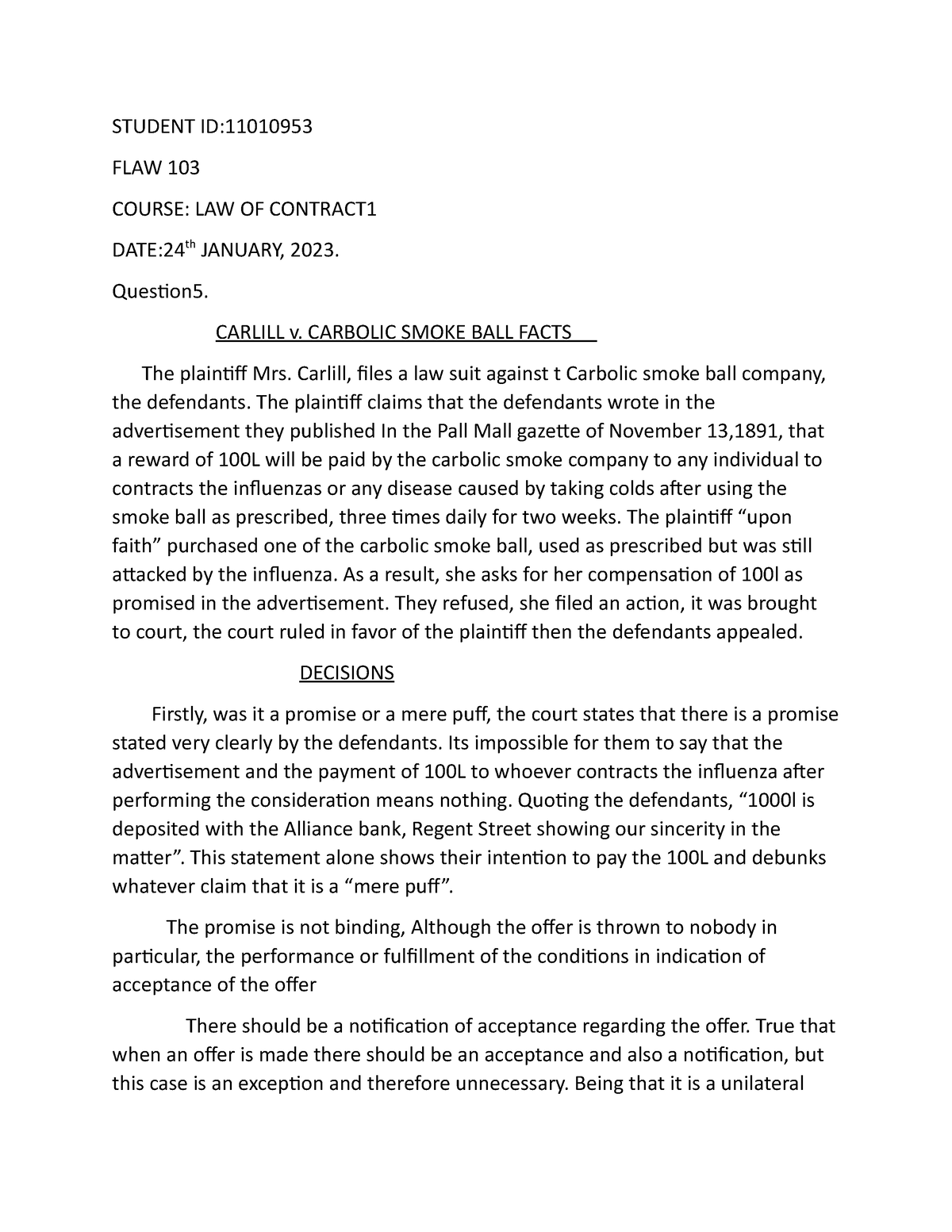 Carlill V Carbolic Smoke Ball Assignment - STUDENT ID: FLAW 103 COURSE ...