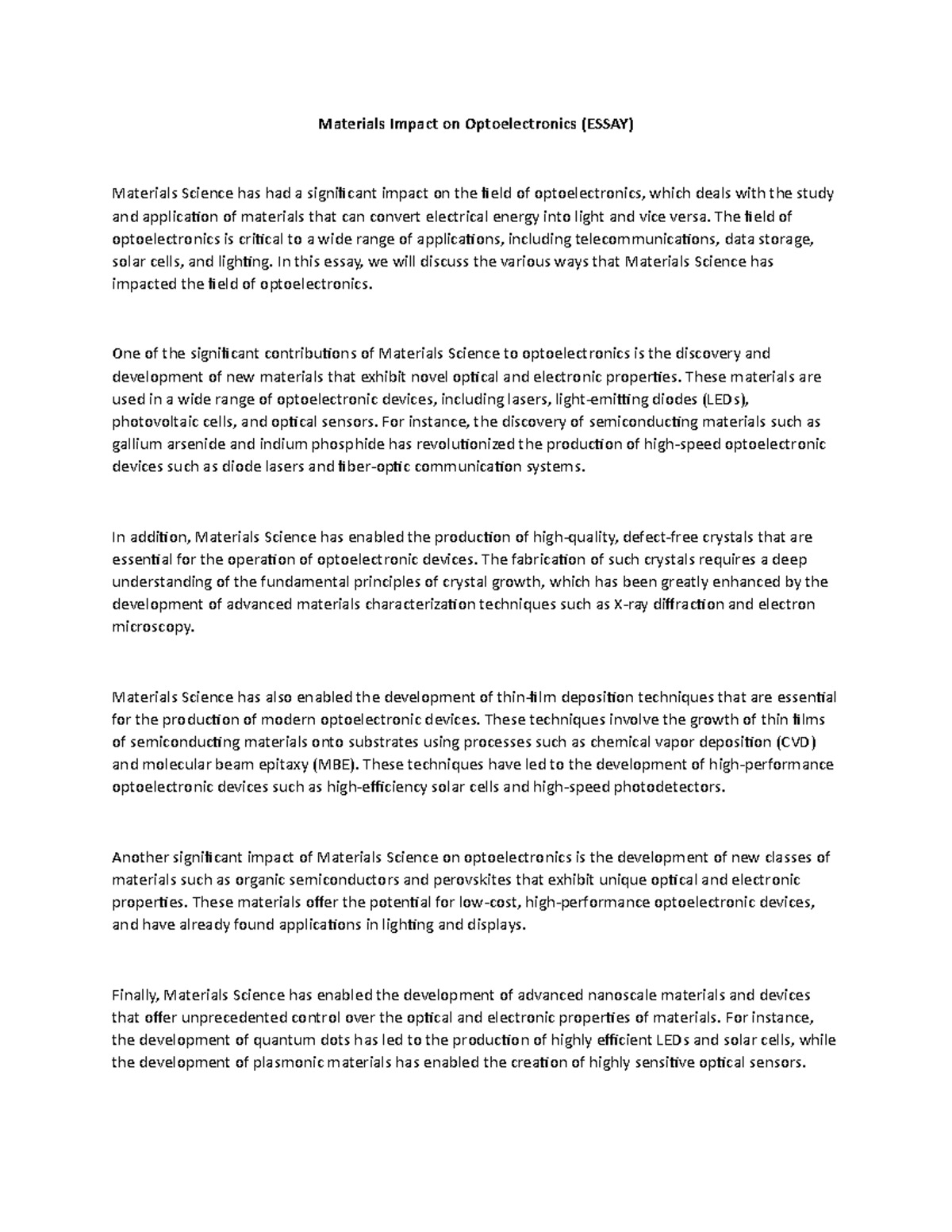 Materials Impact on Optoelectronics (Essay) Materials Impact on