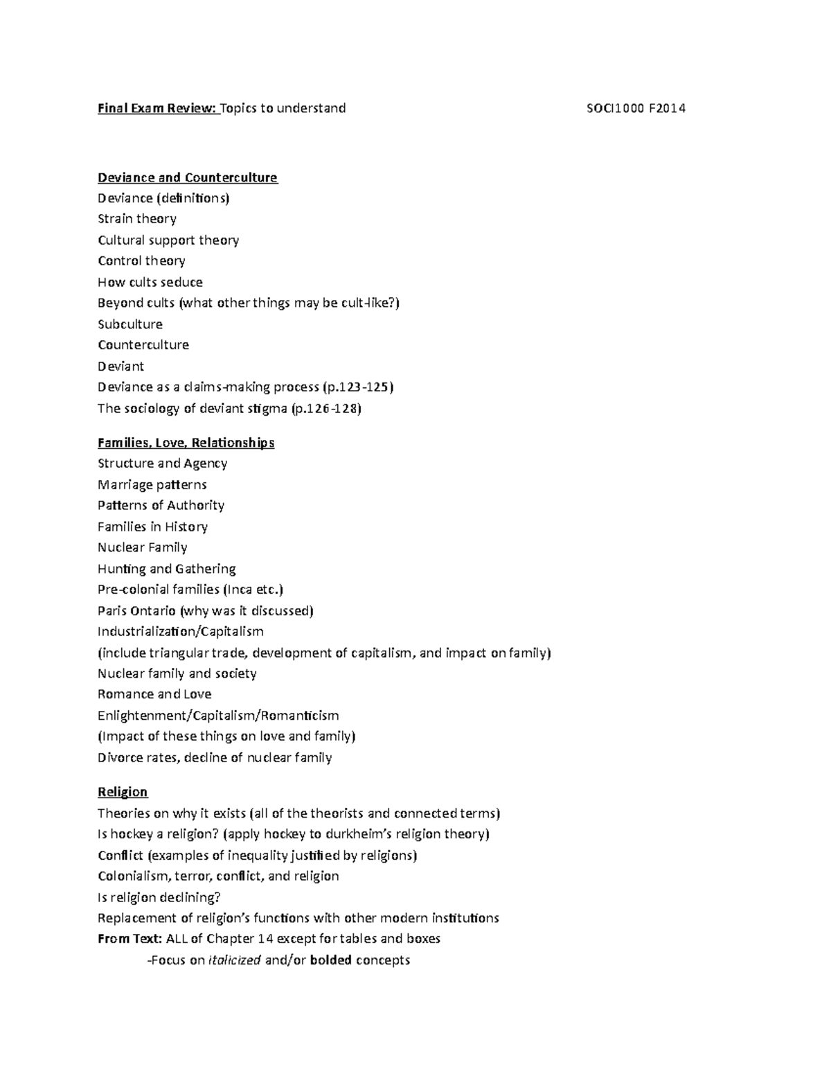Final Exam Review Sheet - Final Exam Review: Topics to understand ...